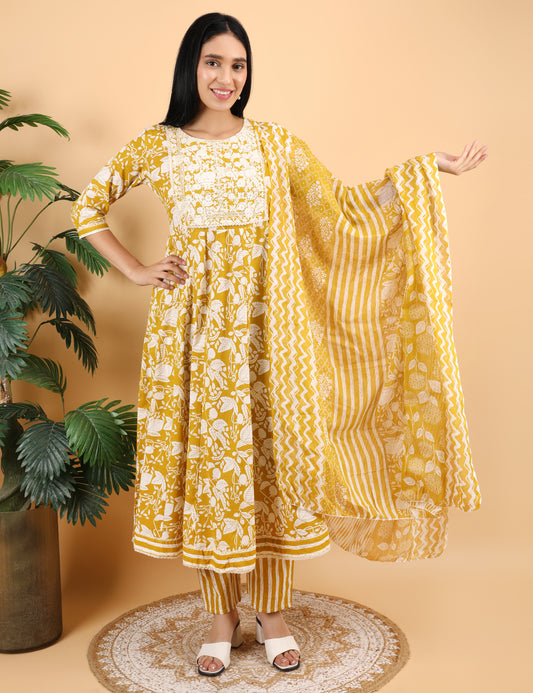 MUSTARD YELLOW COTTON PRINT ANARKALI SUIT WITH DUPATTA
