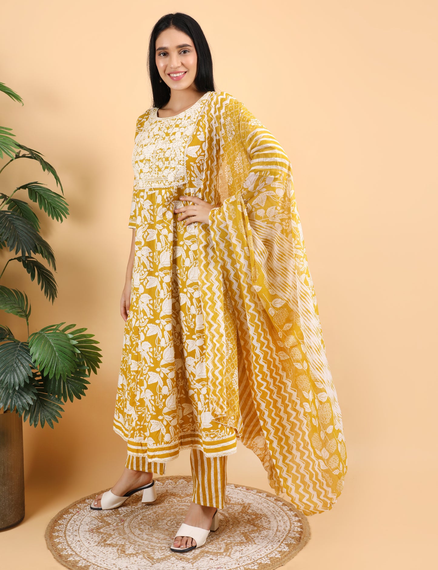 MUSTARD YELLOW COTTON PRINT ANARKALI SUIT WITH DUPATTA