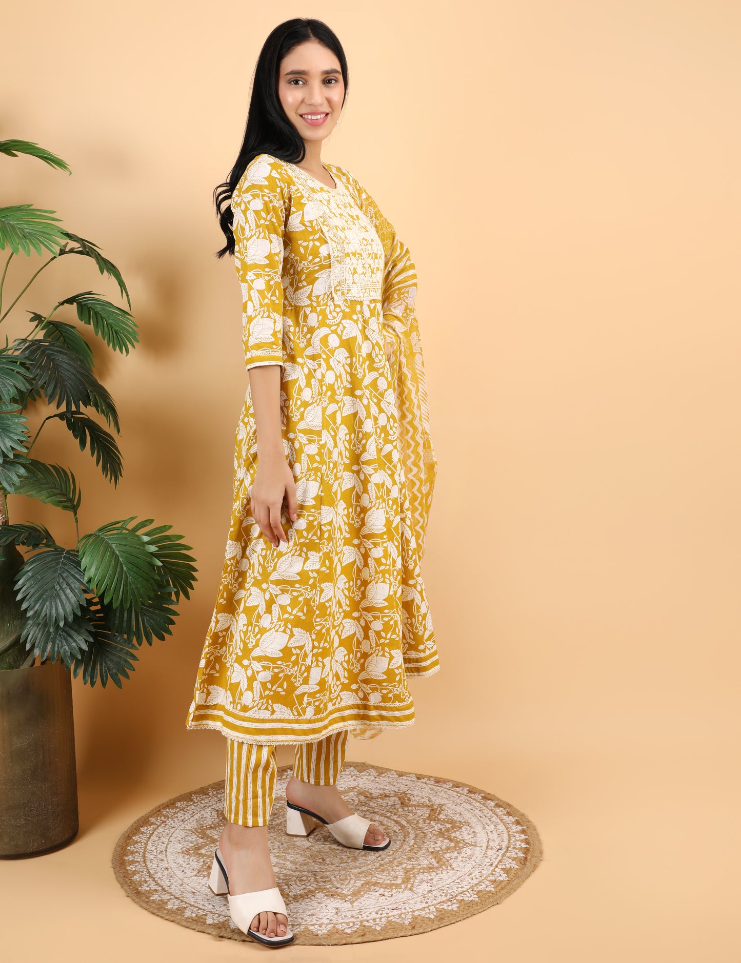 MUSTARD YELLOW COTTON PRINT ANARKALI SUIT WITH DUPATTA