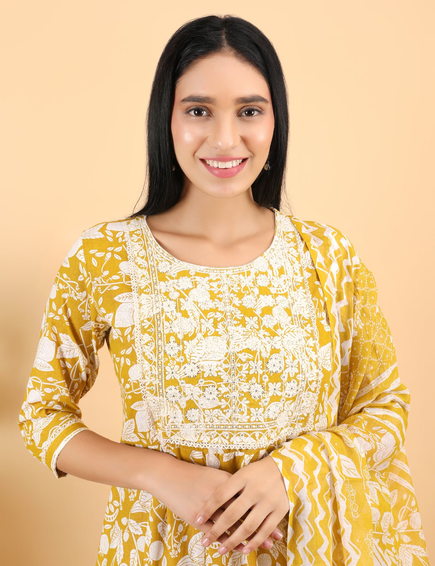 MUSTARD YELLOW COTTON PRINT ANARKALI SUIT WITH DUPATTA