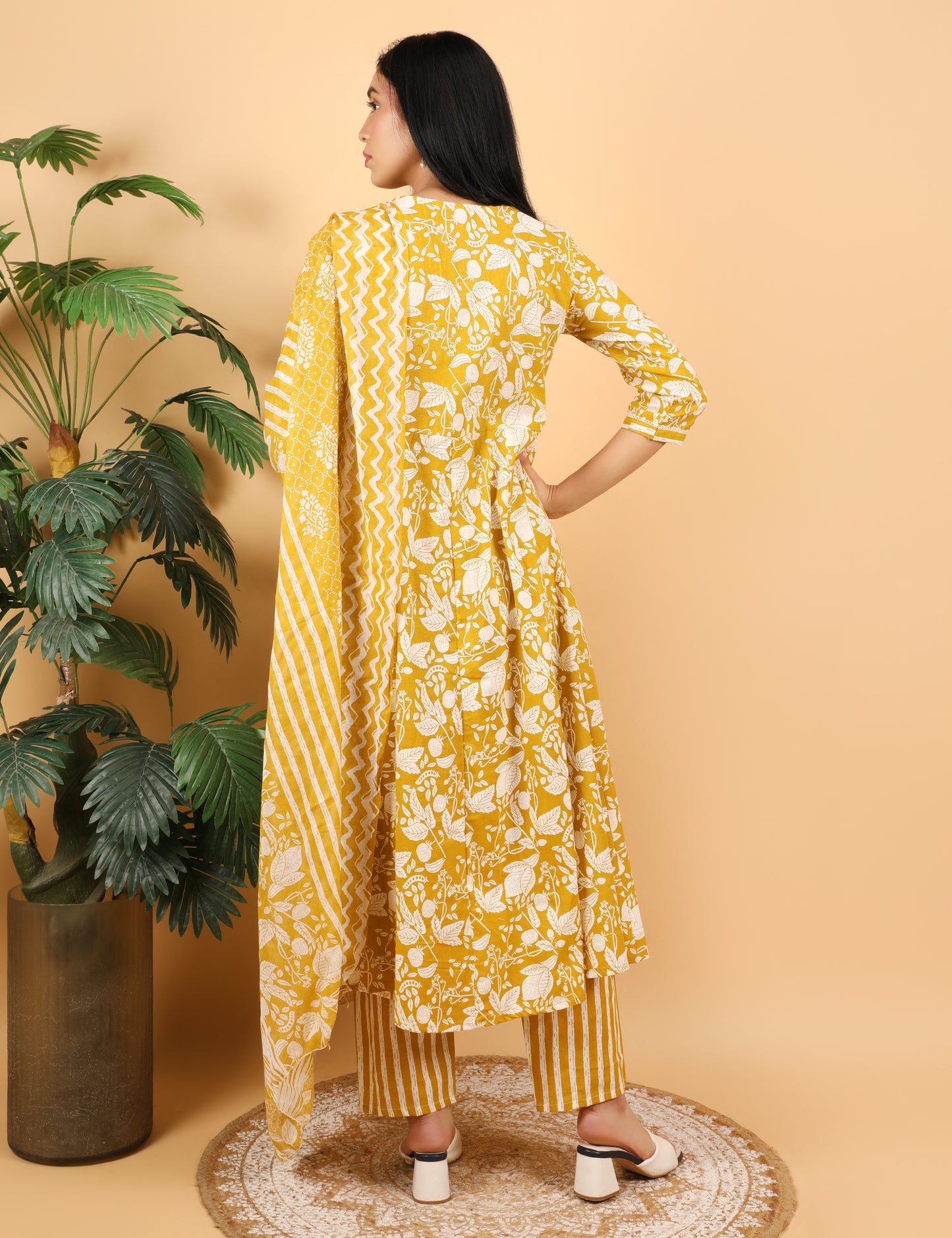 MUSTARD YELLOW COTTON PRINT ANARKALI SUIT WITH DUPATTA