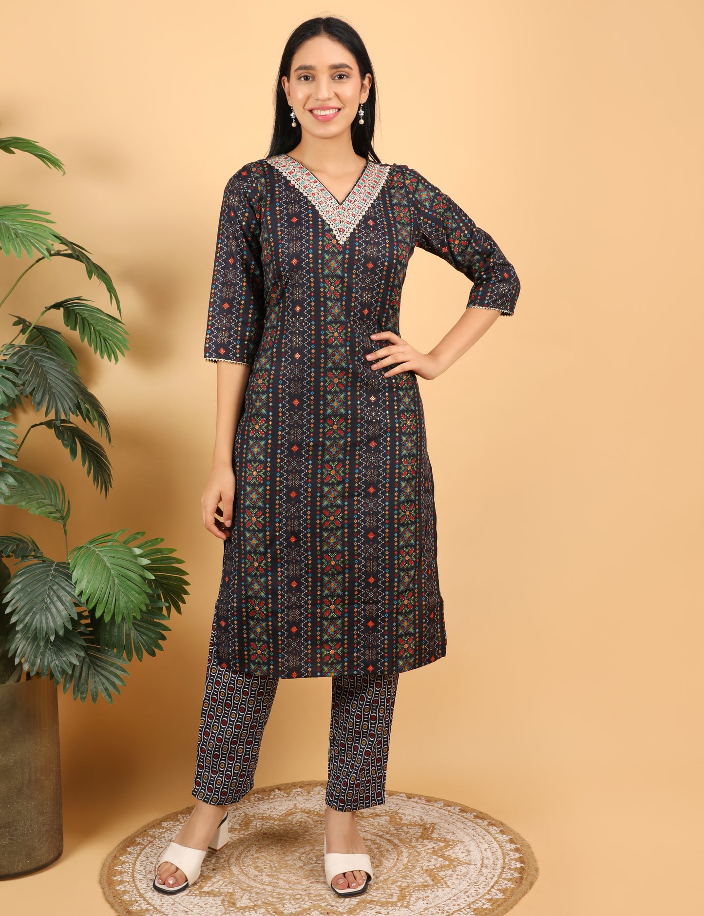 NAVY BLUE MULTI COLOUR PRINT COTTON STRAIGHT SUIT