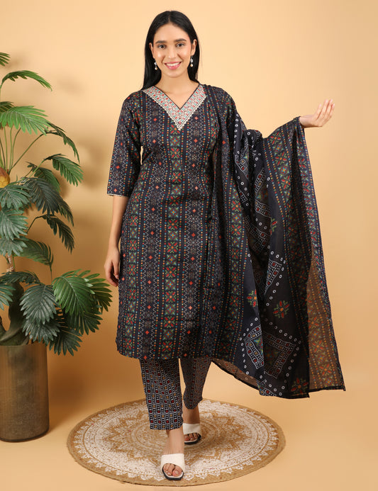 NAVY BLUE MULTI COLOUR PRINT COTTON STRAIGHT SUIT