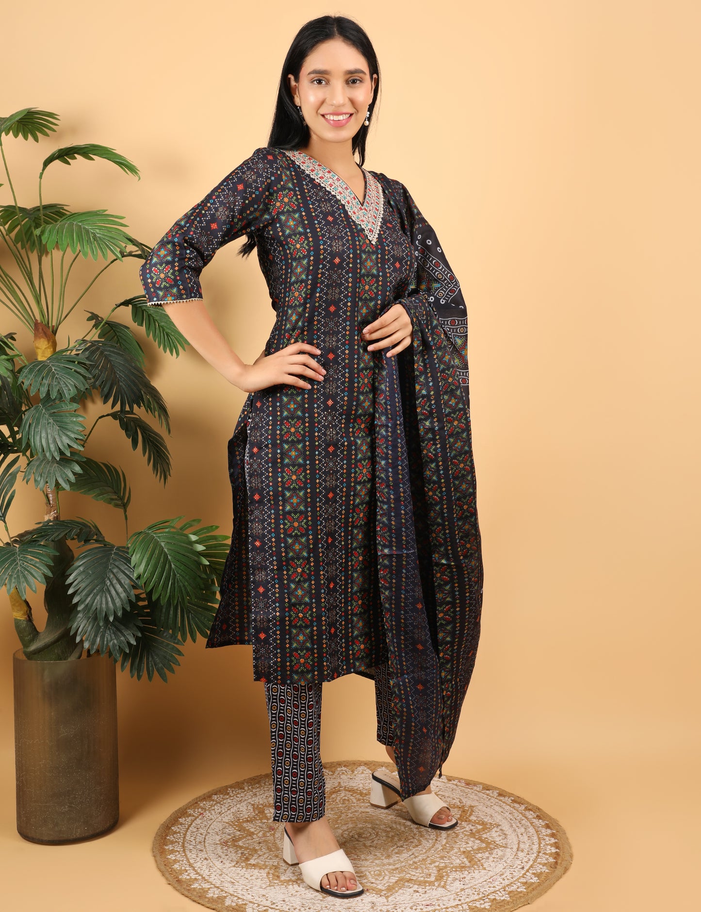 NAVY BLUE MULTI COLOUR PRINT COTTON STRAIGHT SUIT