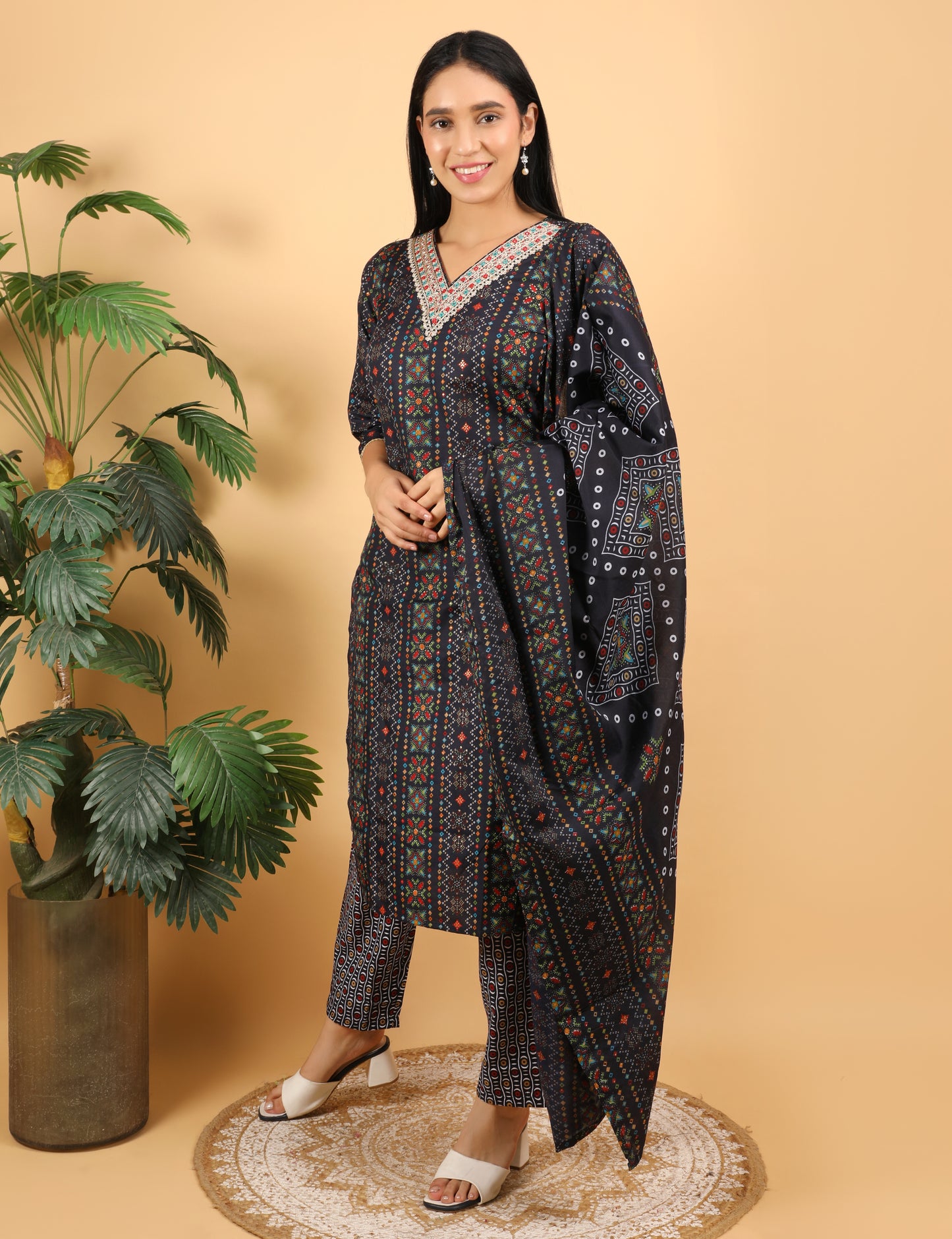 NAVY BLUE MULTI COLOUR PRINT COTTON STRAIGHT SUIT
