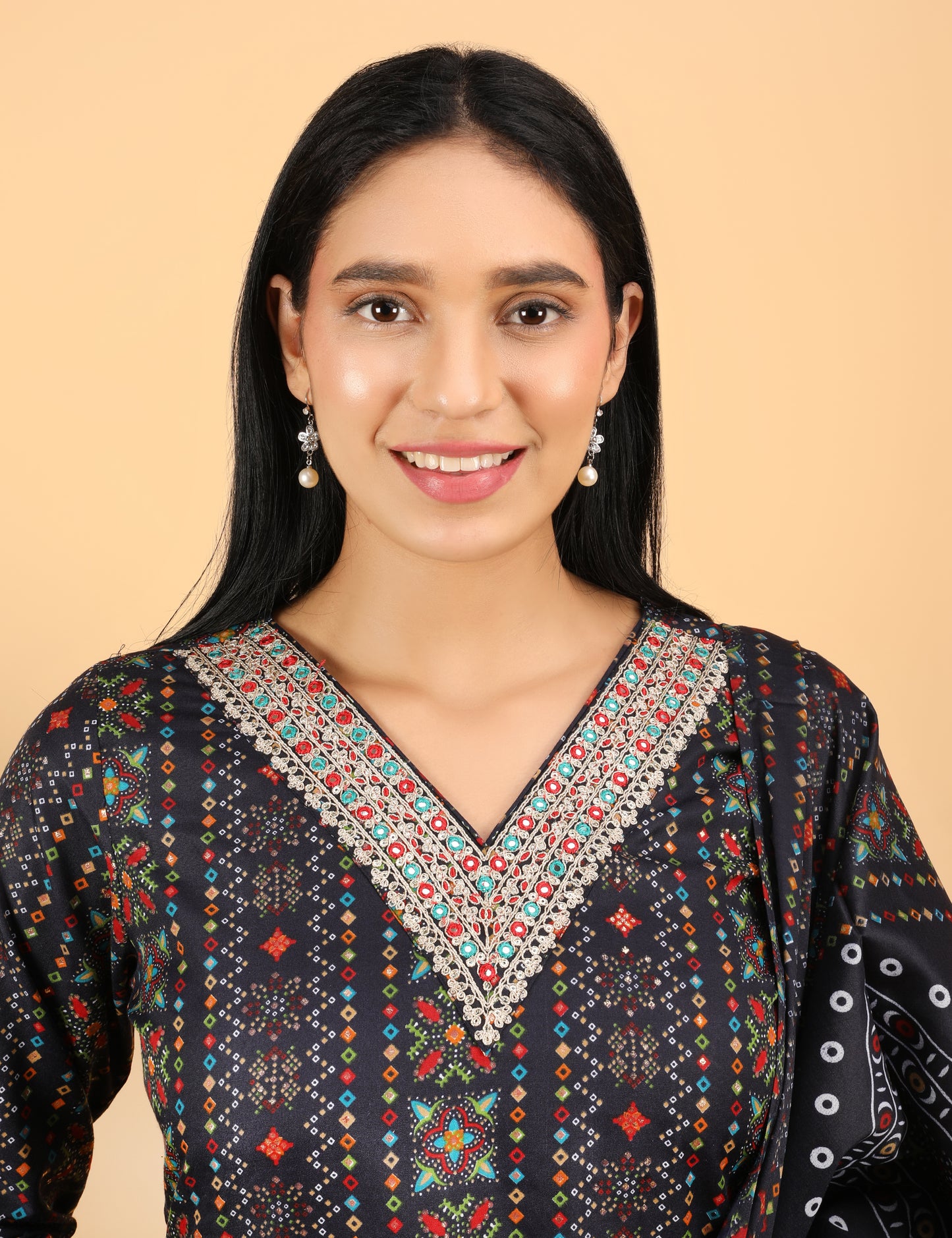 NAVY BLUE MULTI COLOUR PRINT COTTON STRAIGHT SUIT