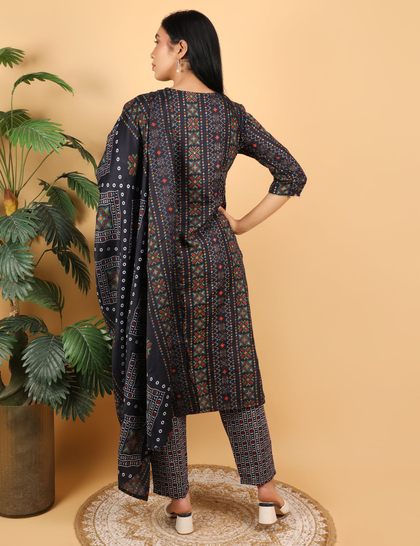 NAVY BLUE MULTI COLOUR PRINT COTTON STRAIGHT SUIT