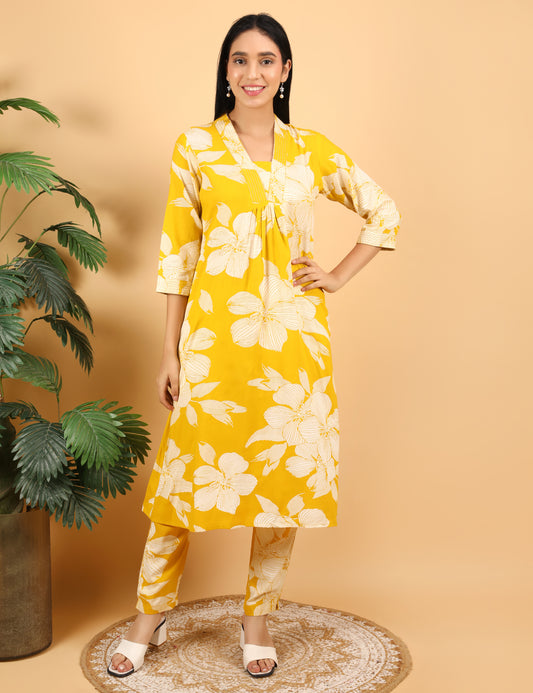 MUSTARD COTTON PRINT KURTA SET