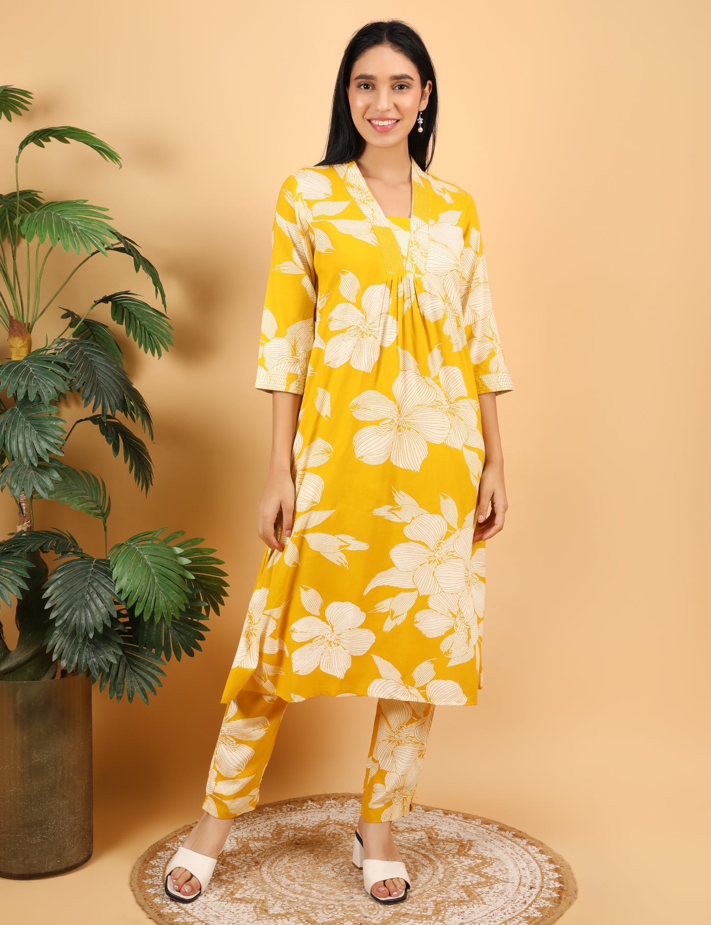 MUSTARD COTTON PRINT KURTA SET