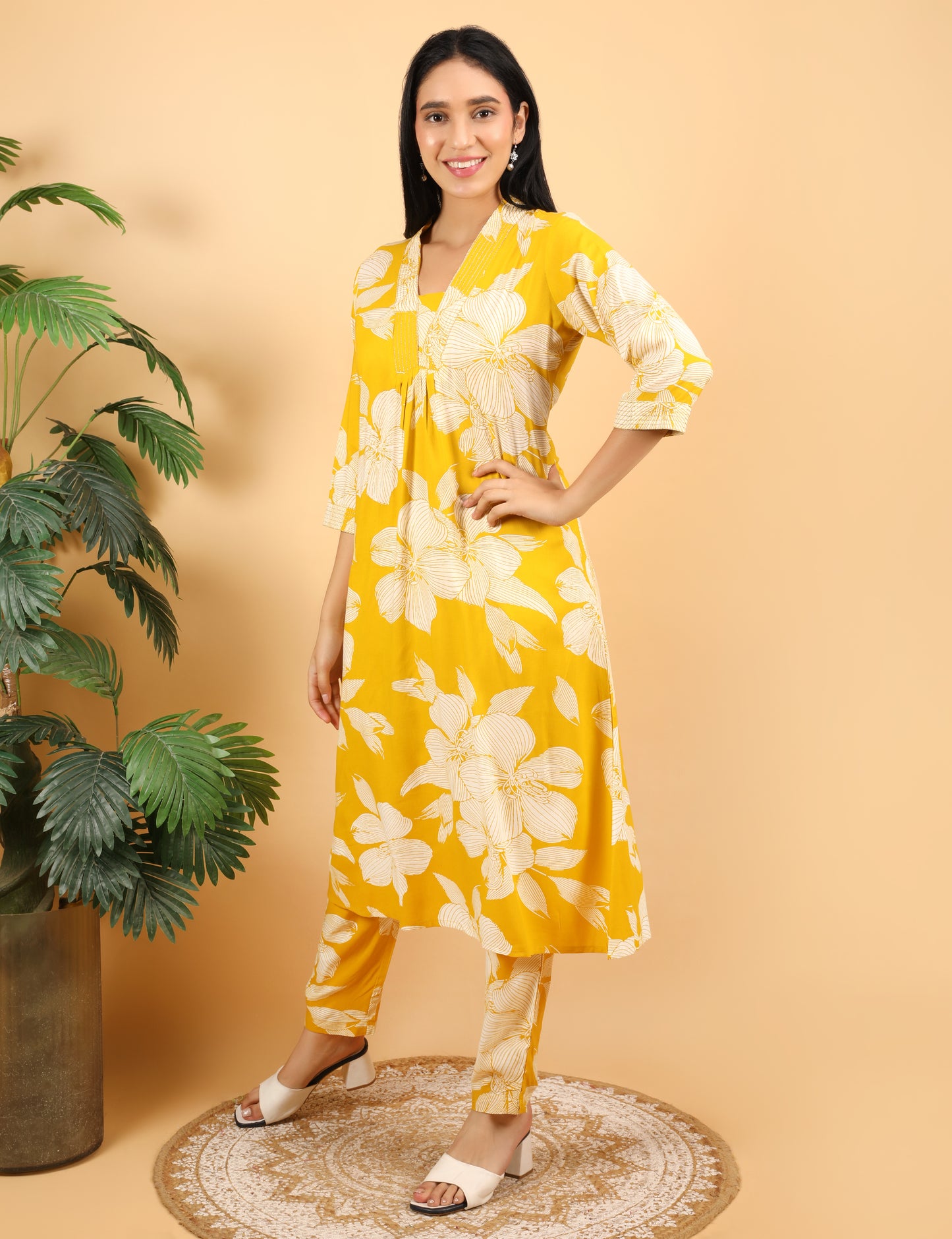 MUSTARD COTTON PRINT KURTA SET