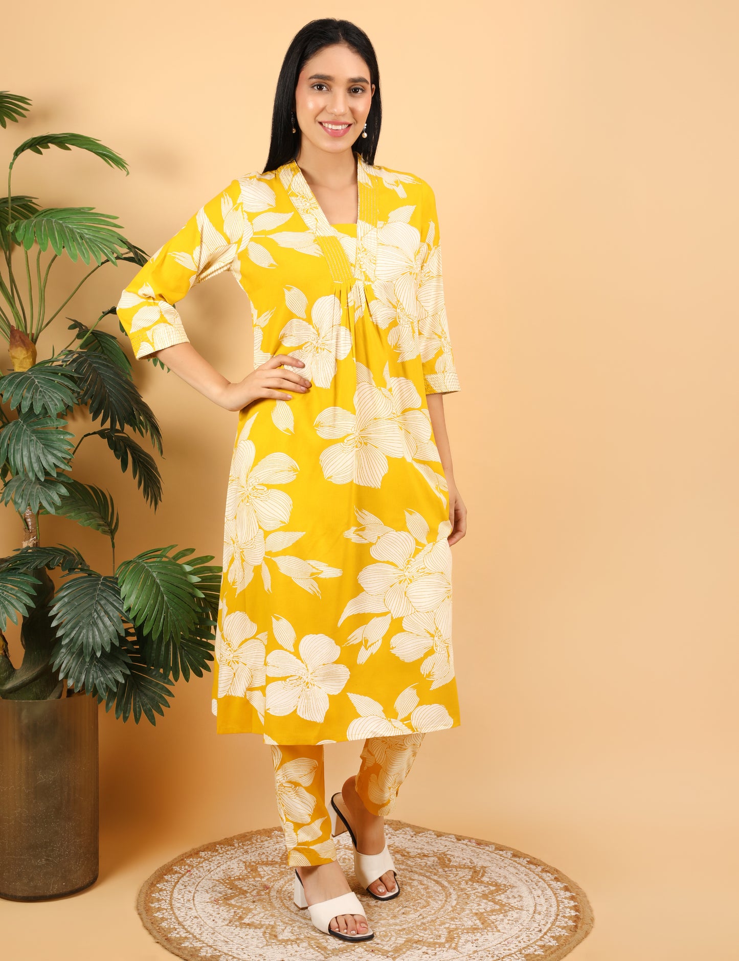 MUSTARD COTTON PRINT KURTA SET
