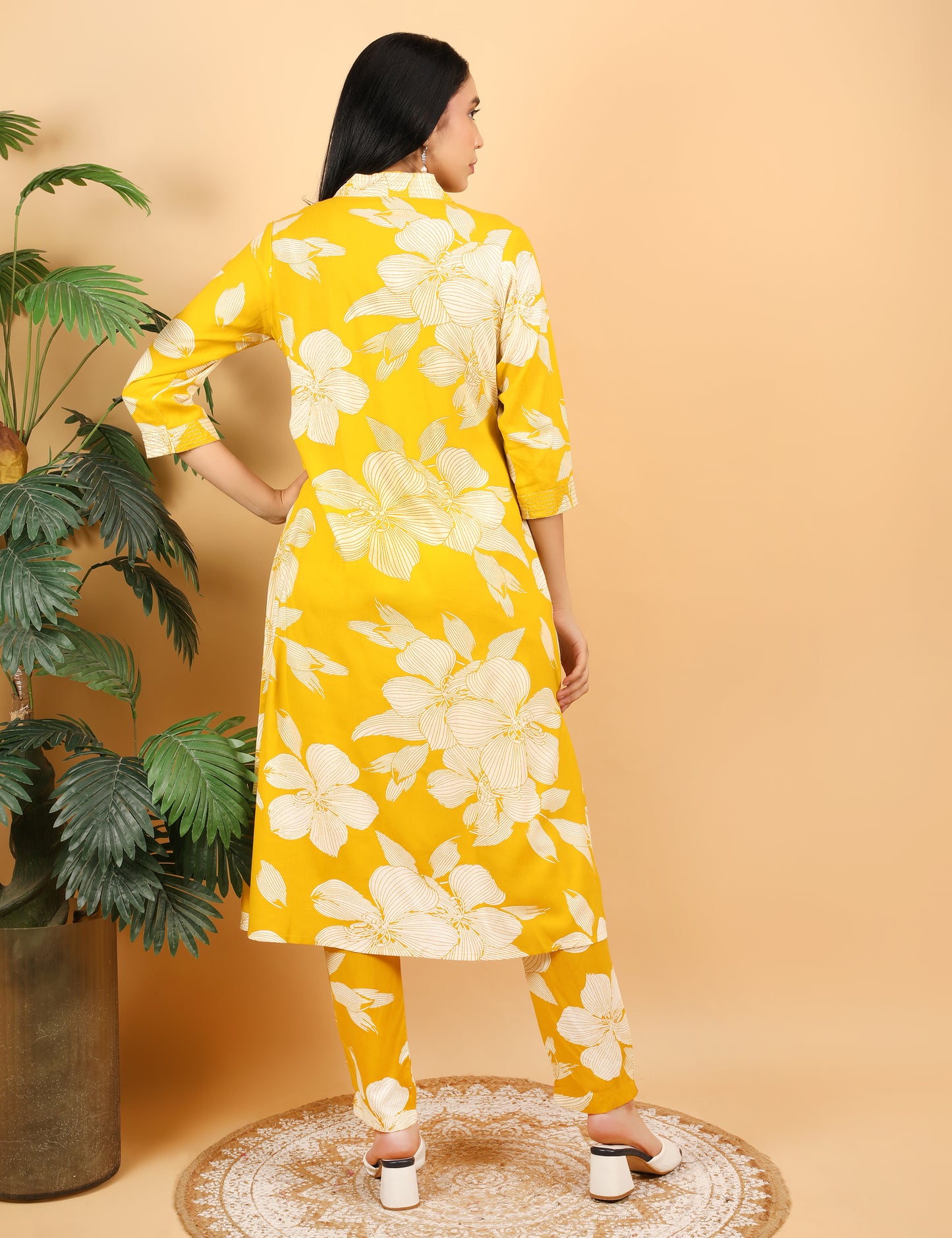MUSTARD COTTON PRINT KURTA SET