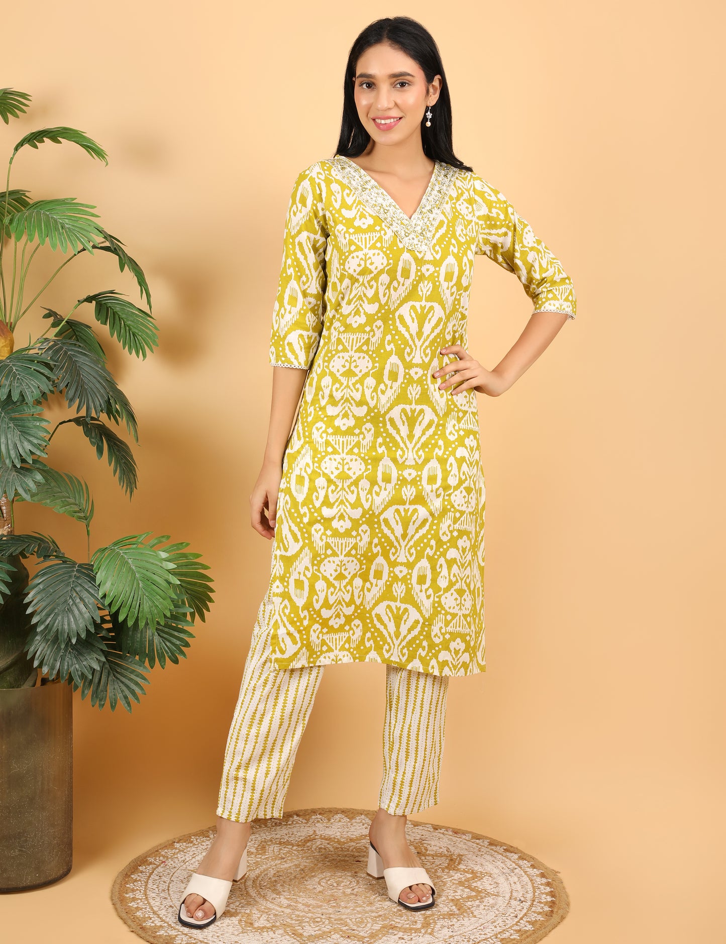LIME YELLOW  COTTON PRINT STRAIGHT SUIT