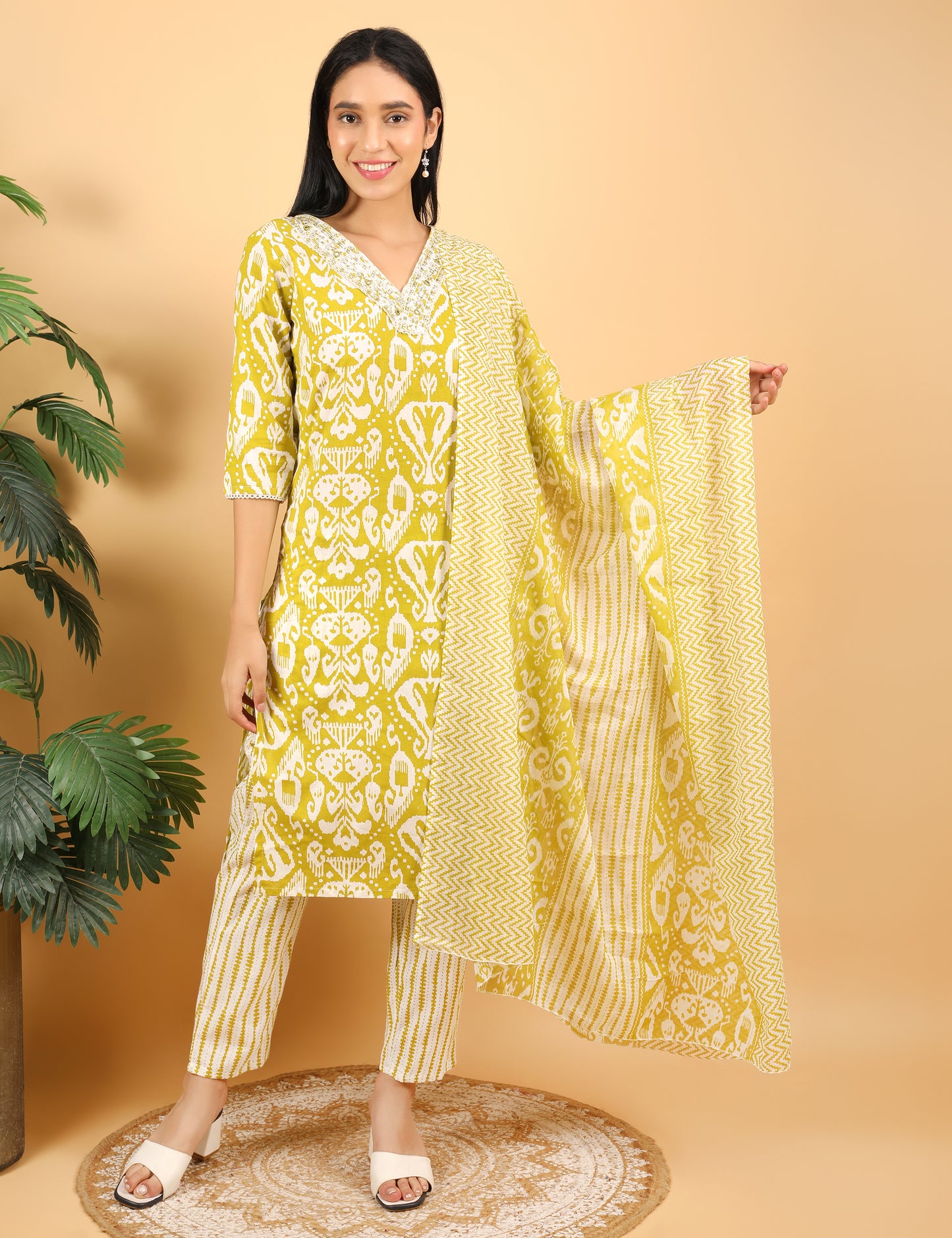 LIME YELLOW  COTTON PRINT STRAIGHT SUIT