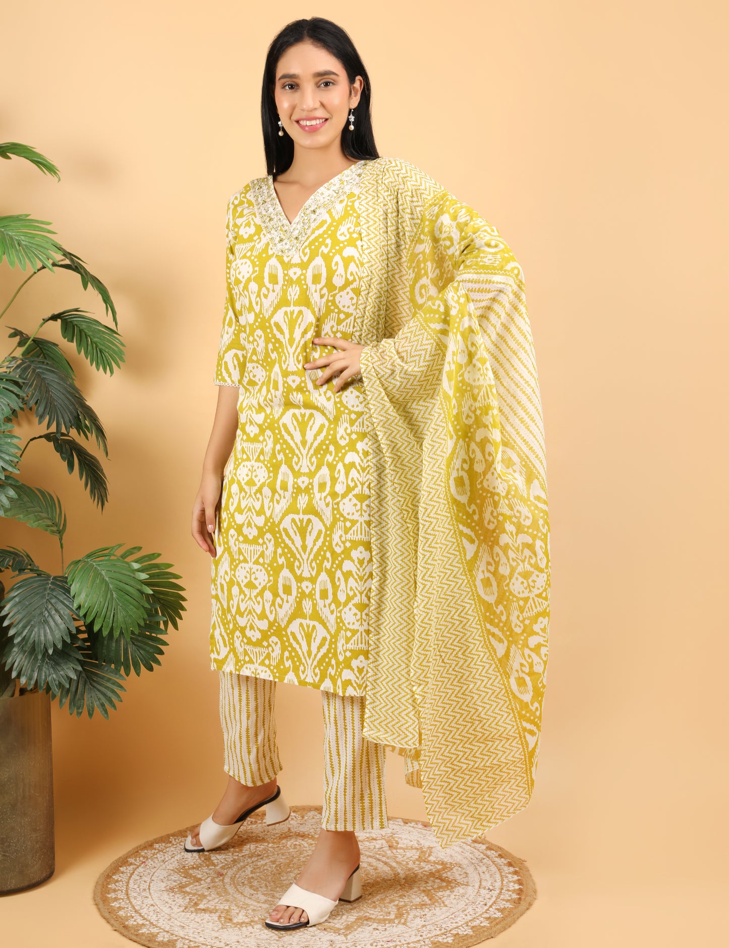LIME YELLOW  COTTON PRINT STRAIGHT SUIT