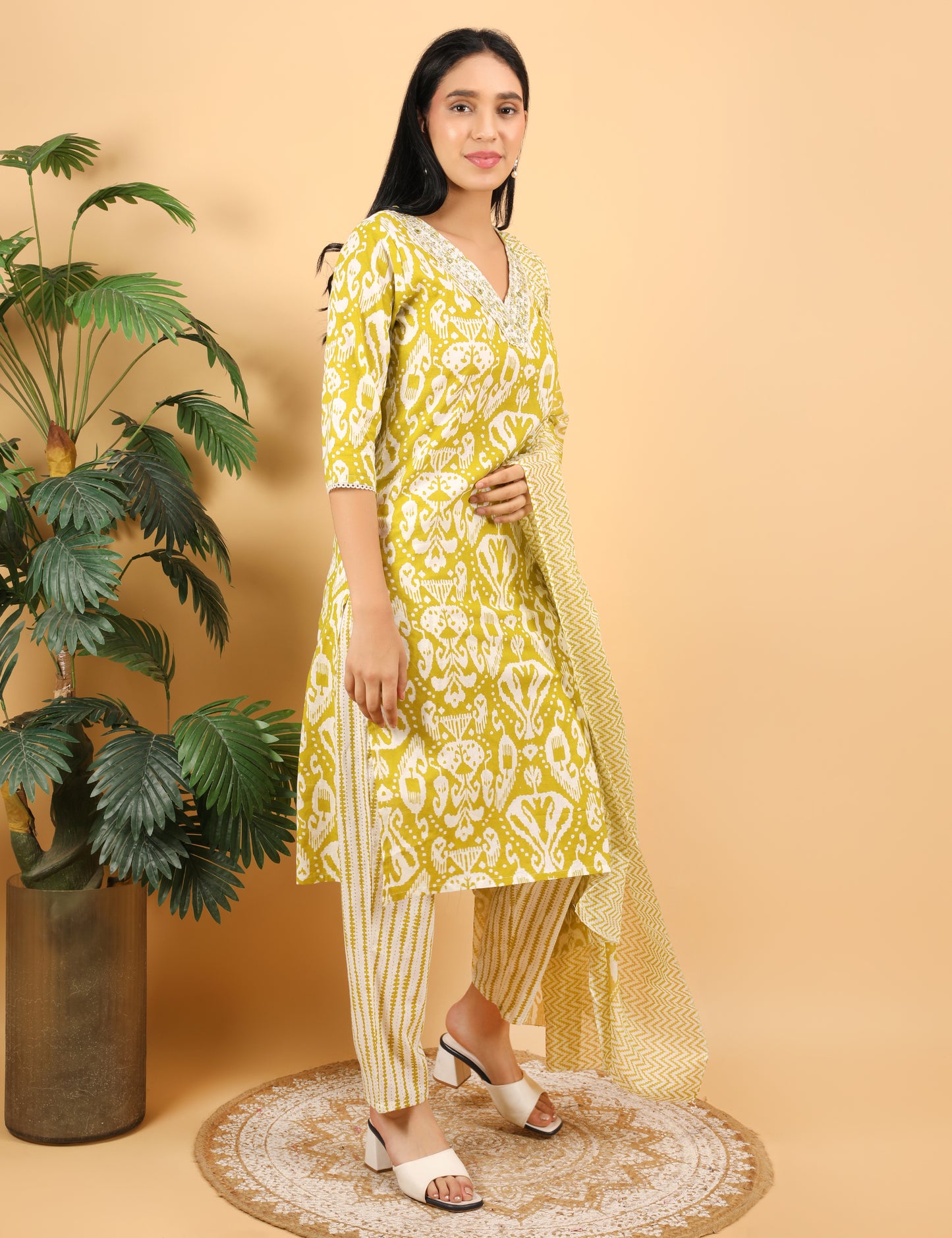 LIME YELLOW  COTTON PRINT STRAIGHT SUIT