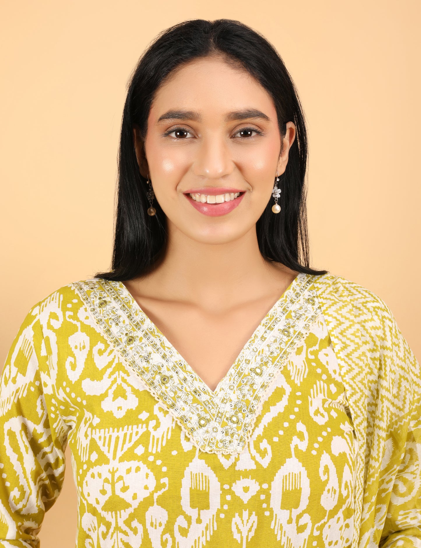 LIME YELLOW  COTTON PRINT STRAIGHT SUIT