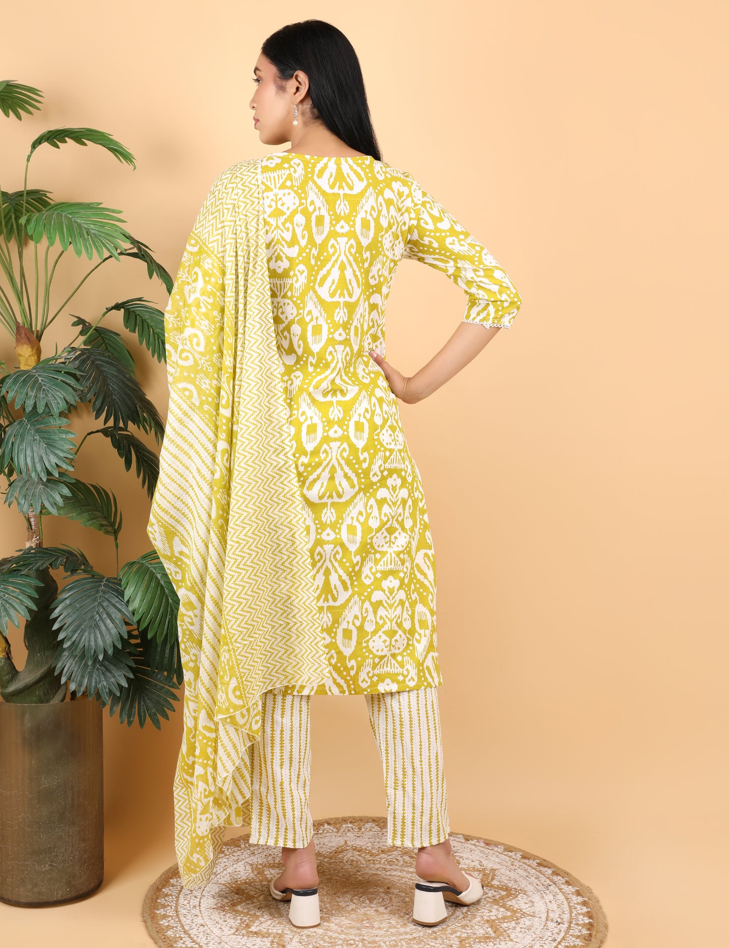 LIME YELLOW  COTTON PRINT STRAIGHT SUIT