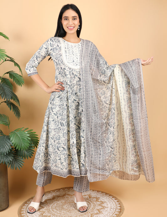 OFF-WHITE COTTON ANARKALI WITH MULMUL DUPATTA