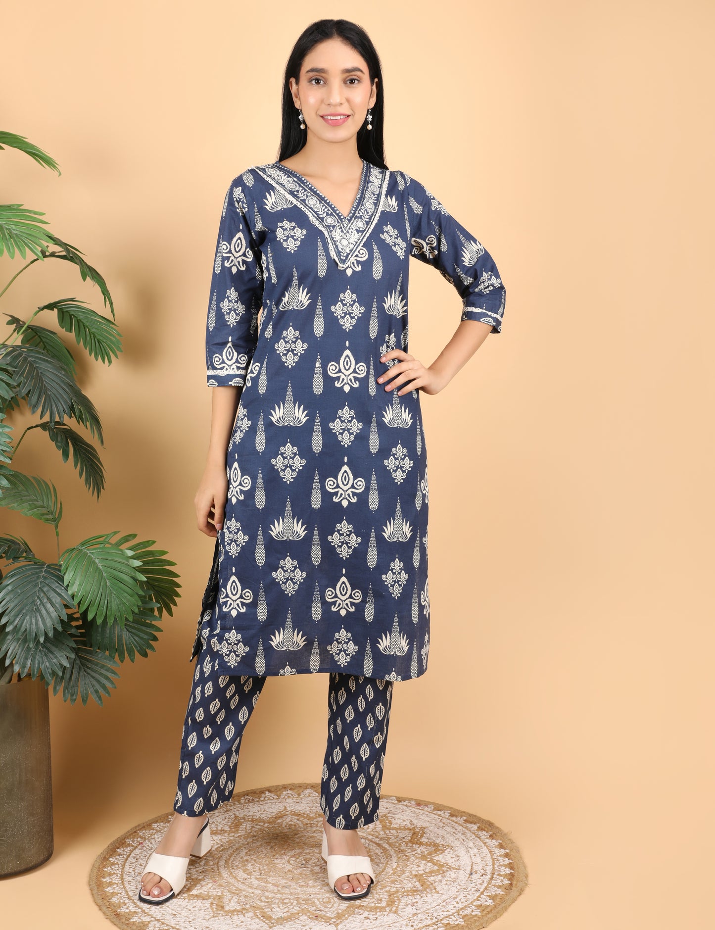 NAVY BLUE COTTON BLOCK PRINT STRAIGHT SUIT WITH DUPATTA