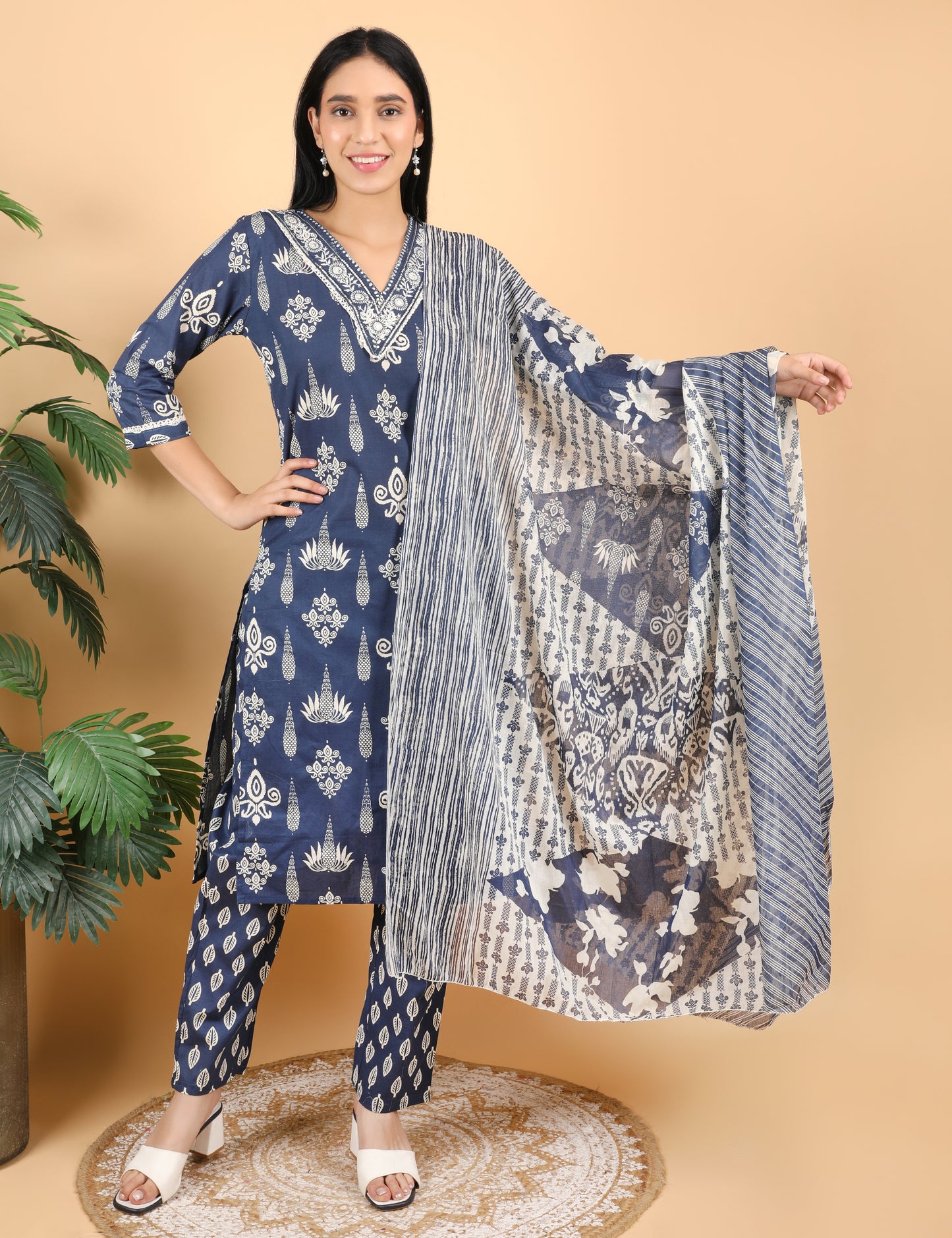 NAVY BLUE COTTON BLOCK PRINT STRAIGHT SUIT WITH DUPATTA
