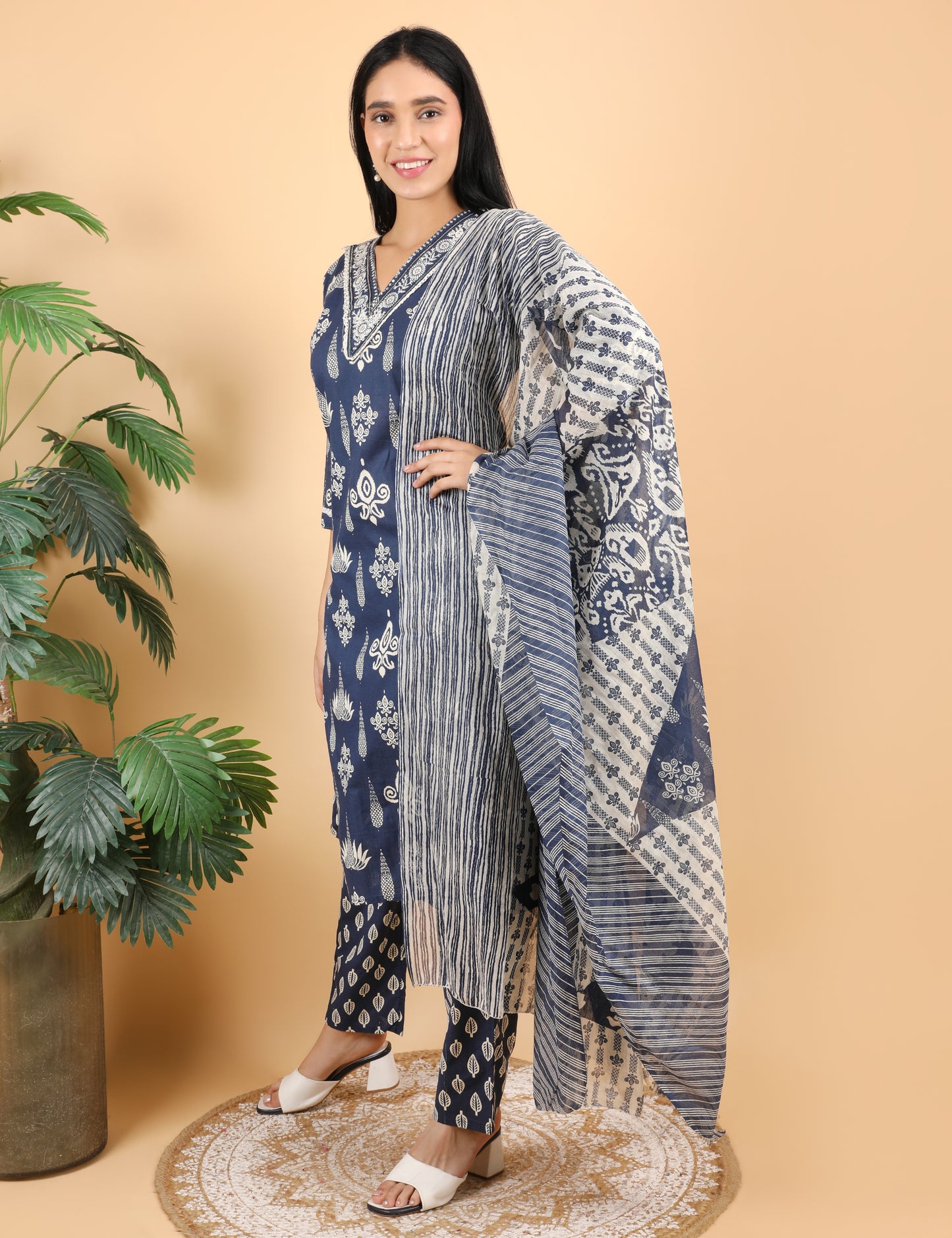 NAVY BLUE COTTON BLOCK PRINT STRAIGHT SUIT WITH DUPATTA