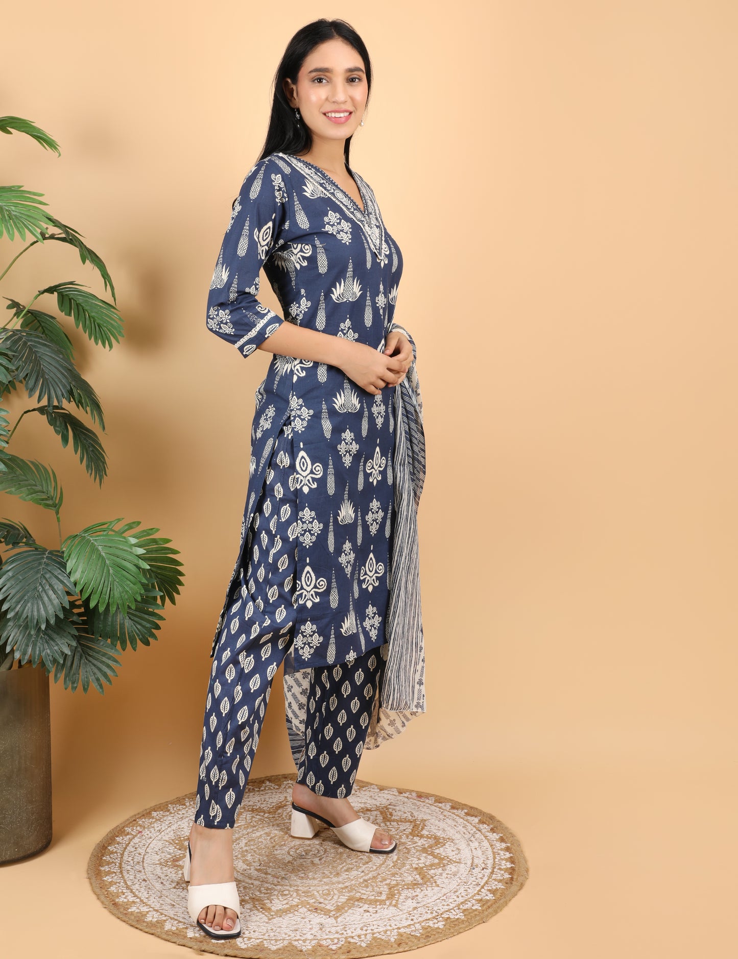NAVY BLUE COTTON BLOCK PRINT STRAIGHT SUIT WITH DUPATTA