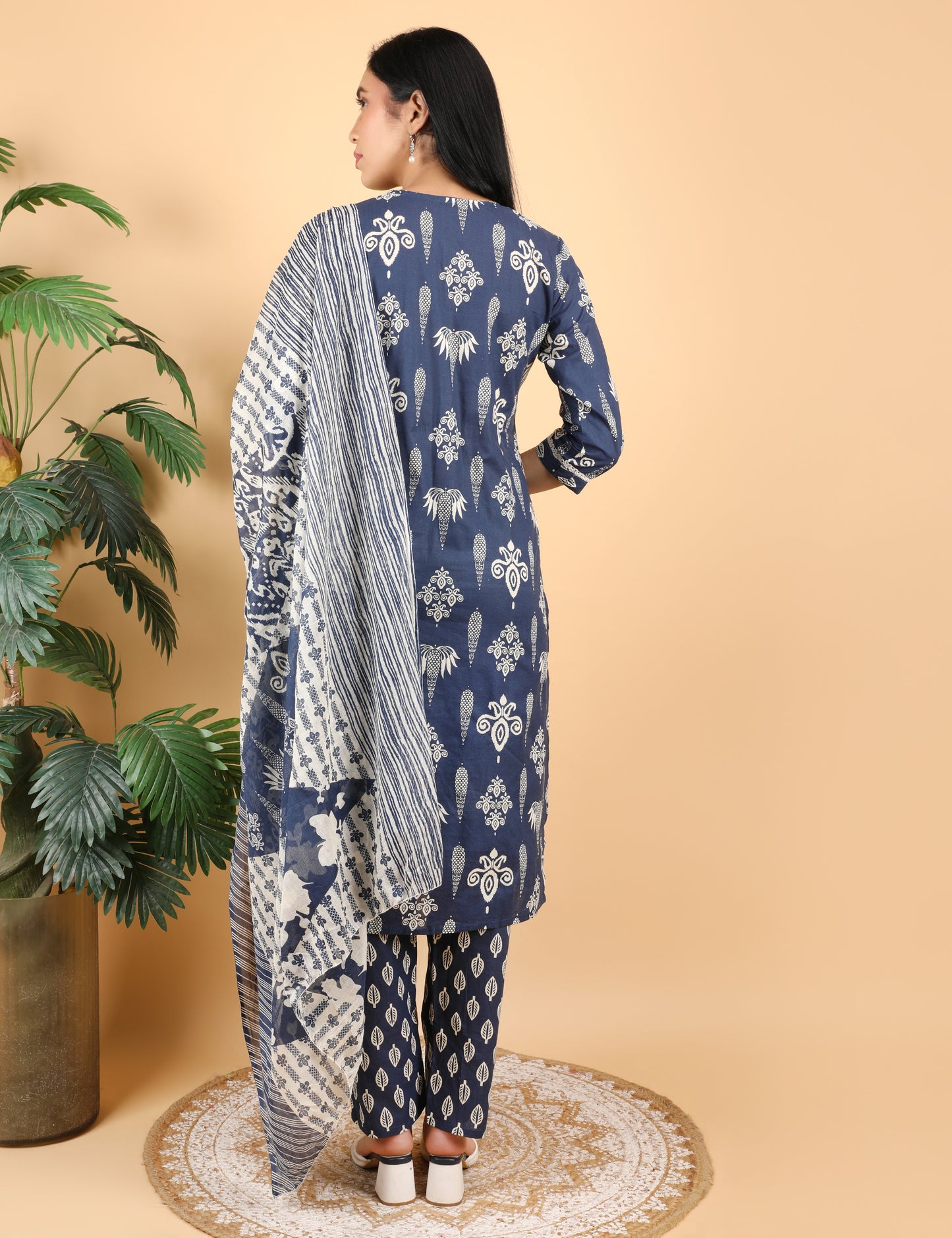 NAVY BLUE COTTON BLOCK PRINT STRAIGHT SUIT WITH DUPATTA