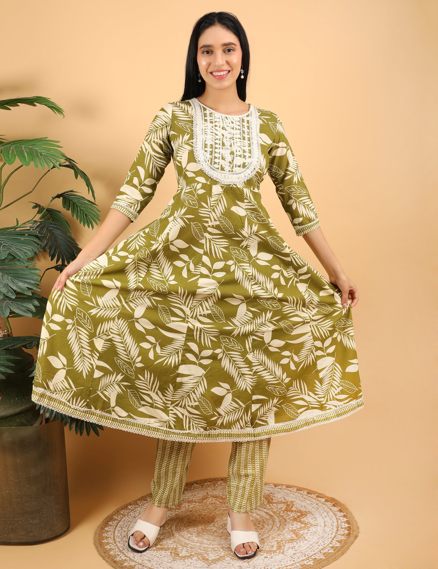 OLIVE GREEN COTTON ANARKALI SUIT