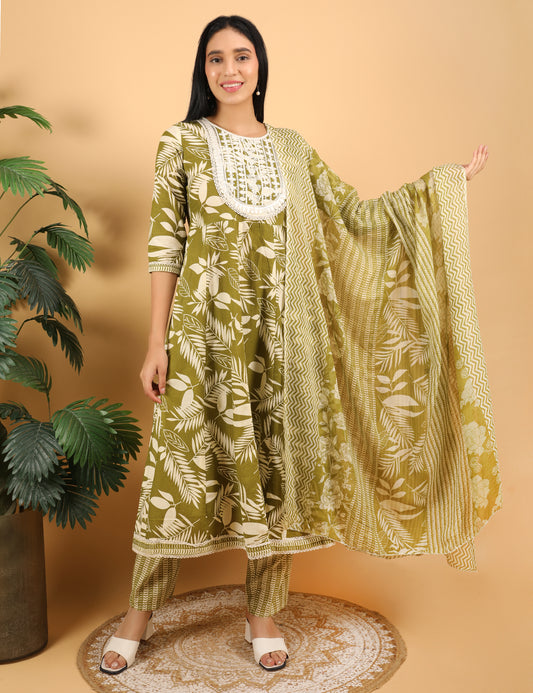 OLIVE GREEN COTTON ANARKALI SUIT