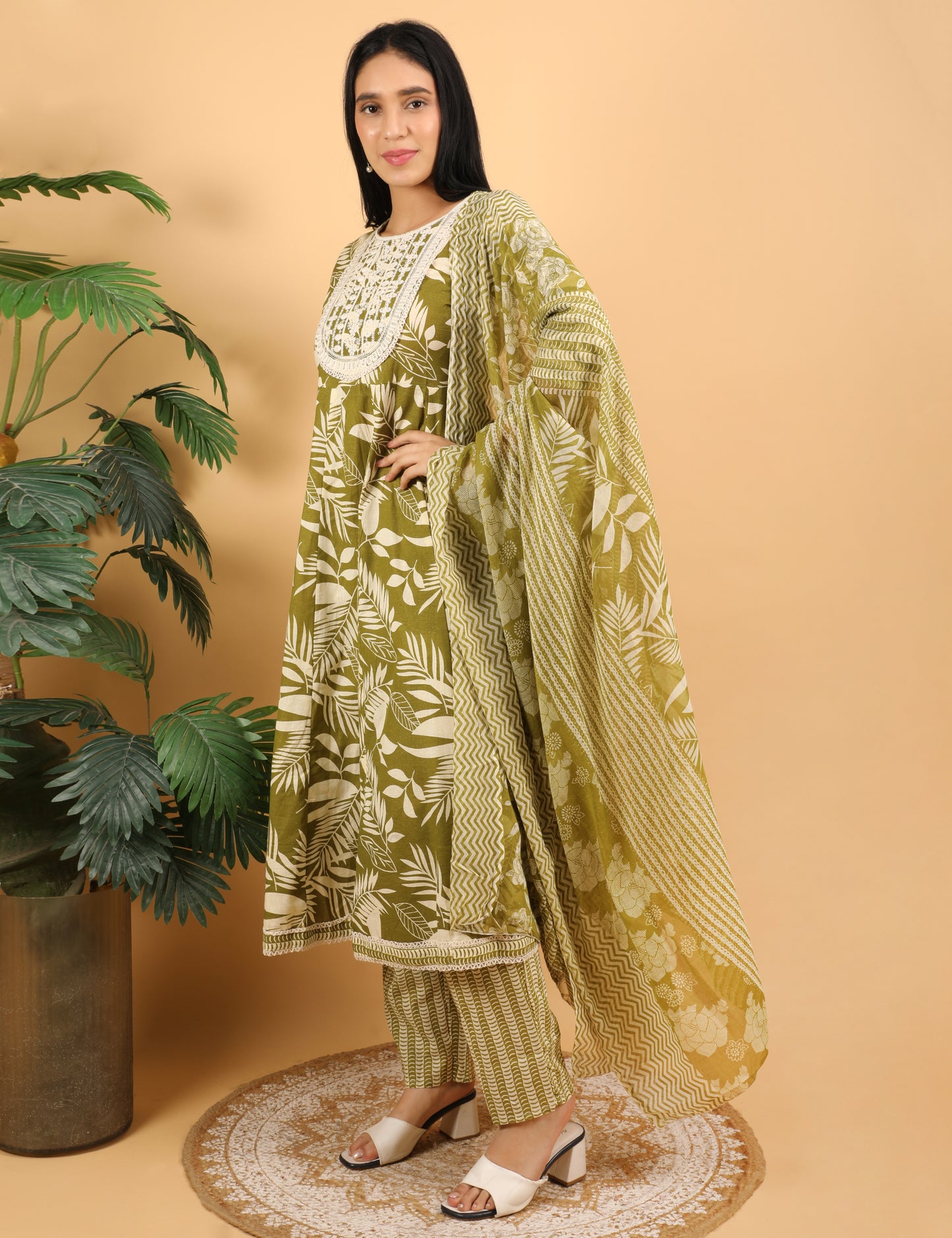 OLIVE GREEN COTTON ANARKALI SUIT