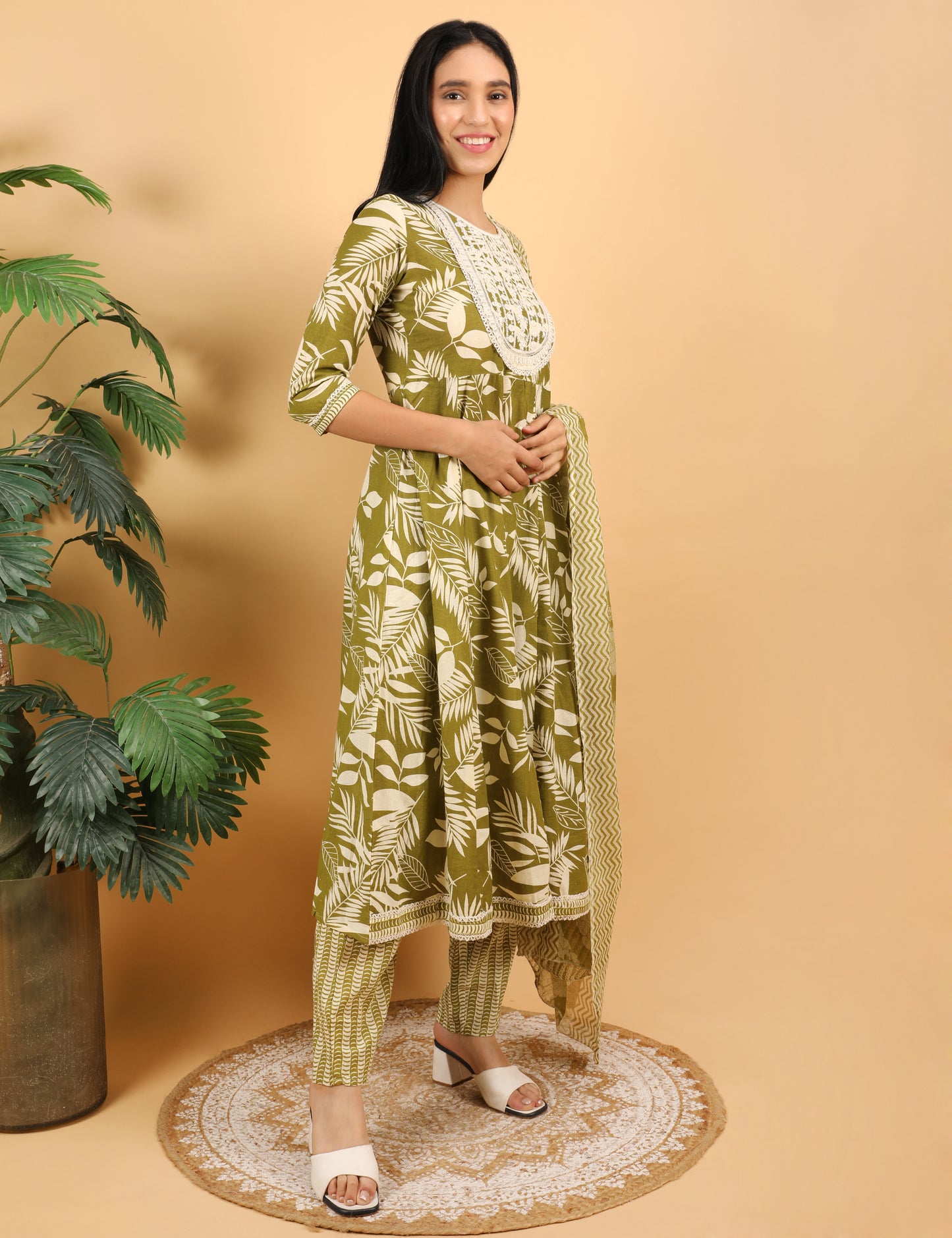 OLIVE GREEN COTTON ANARKALI SUIT
