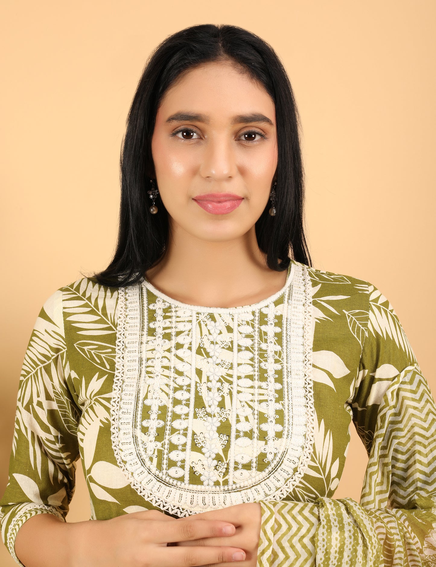 OLIVE GREEN COTTON ANARKALI SUIT