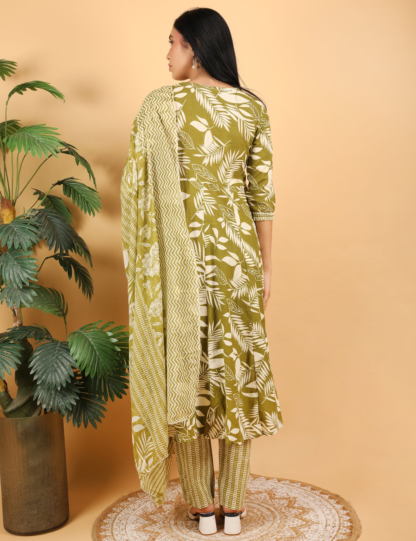 OLIVE GREEN COTTON ANARKALI SUIT