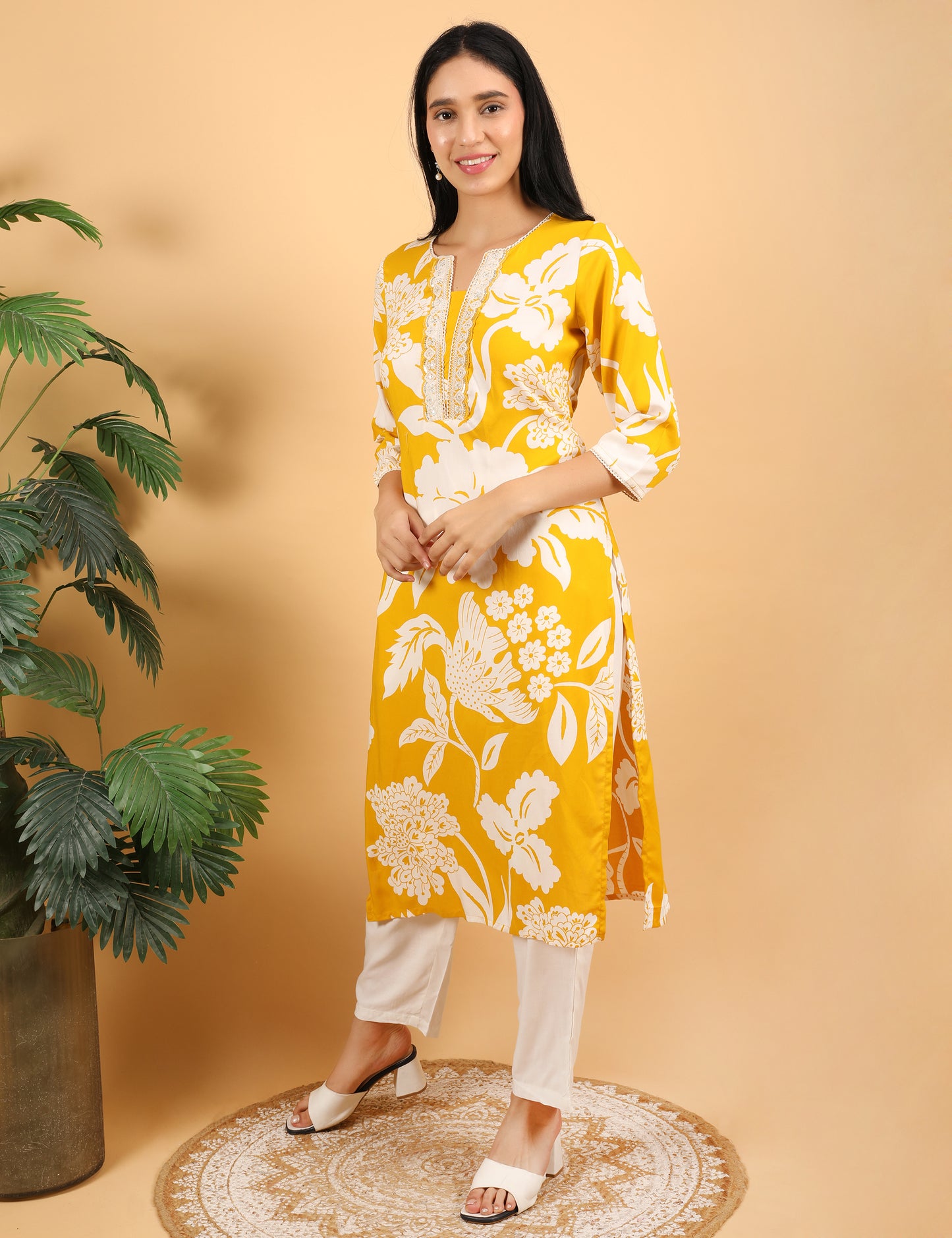 MUSTARD REYON KURTI WITH DORI WORK