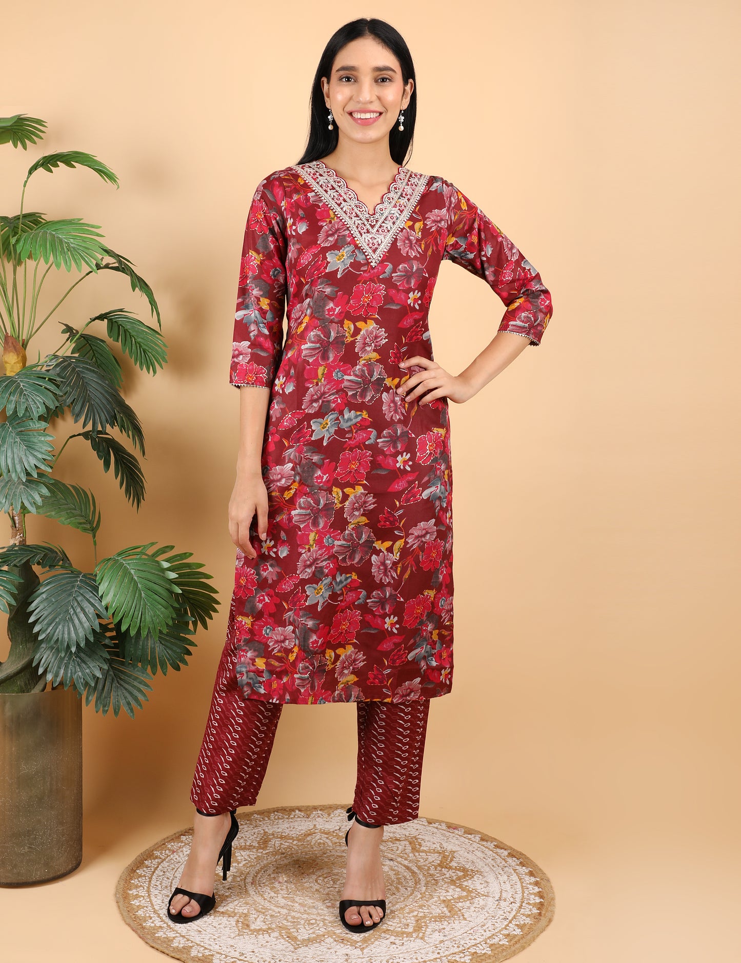 MARROON COTTON PRINT STRAIGHT SUIT WITH DUPATTA