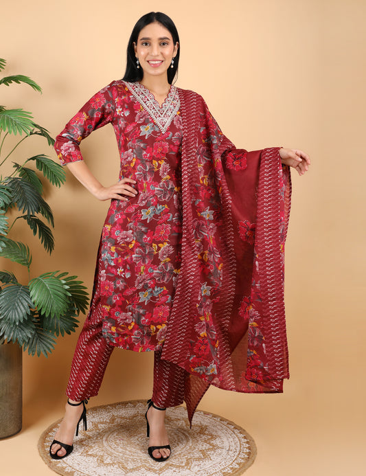 MARROON COTTON PRINT STRAIGHT SUIT WITH DUPATTA