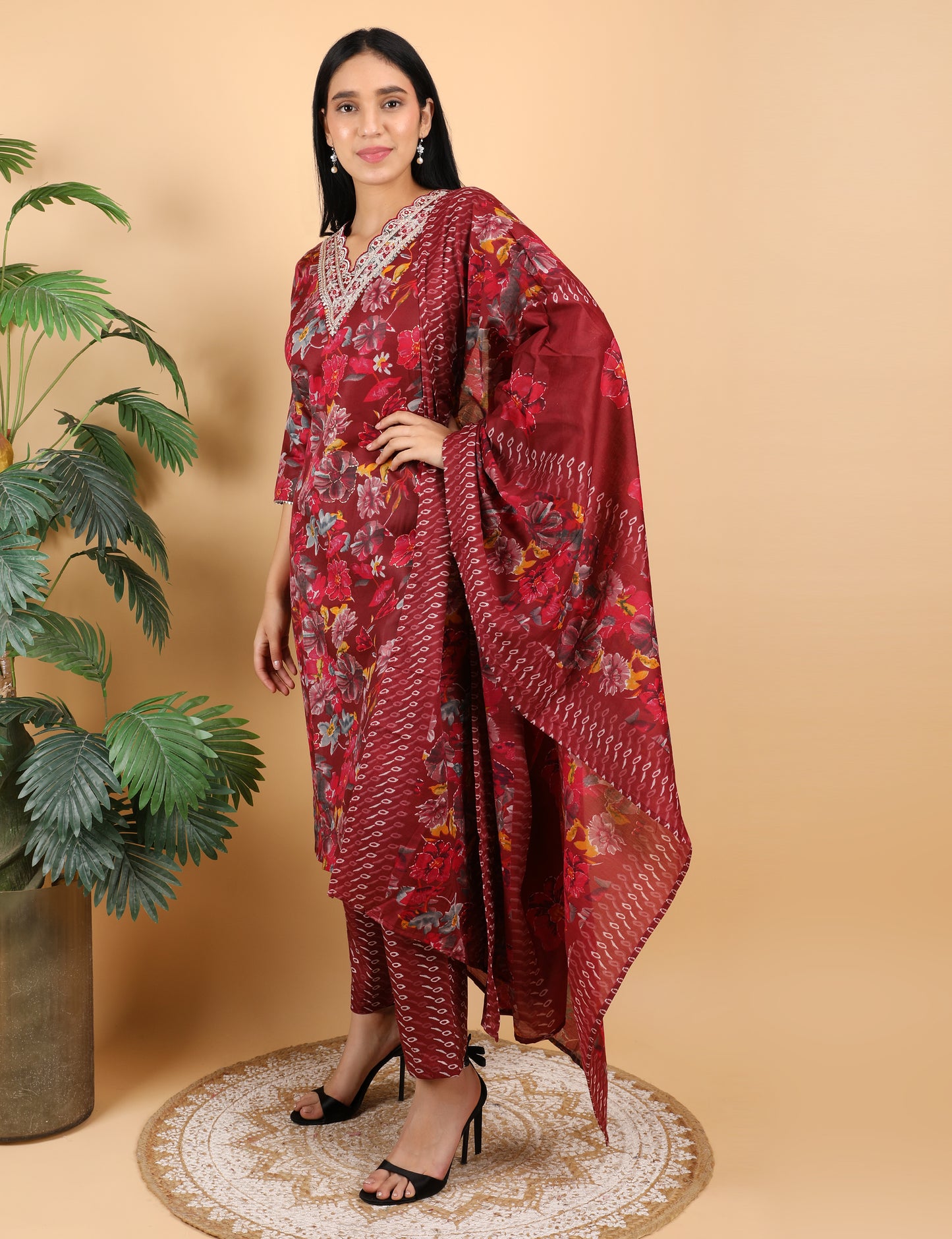 MARROON COTTON PRINT STRAIGHT SUIT WITH DUPATTA