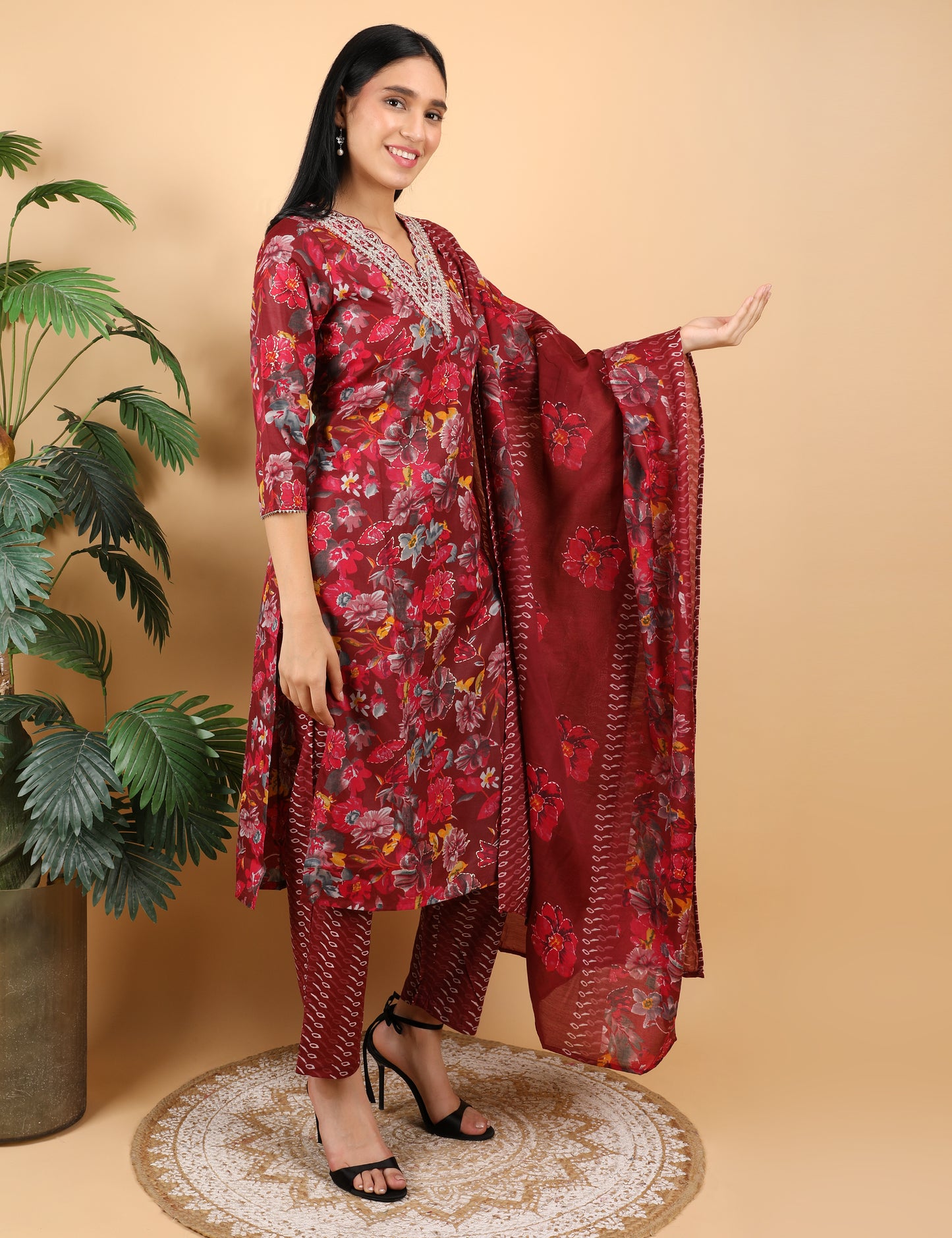 MARROON COTTON PRINT STRAIGHT SUIT WITH DUPATTA