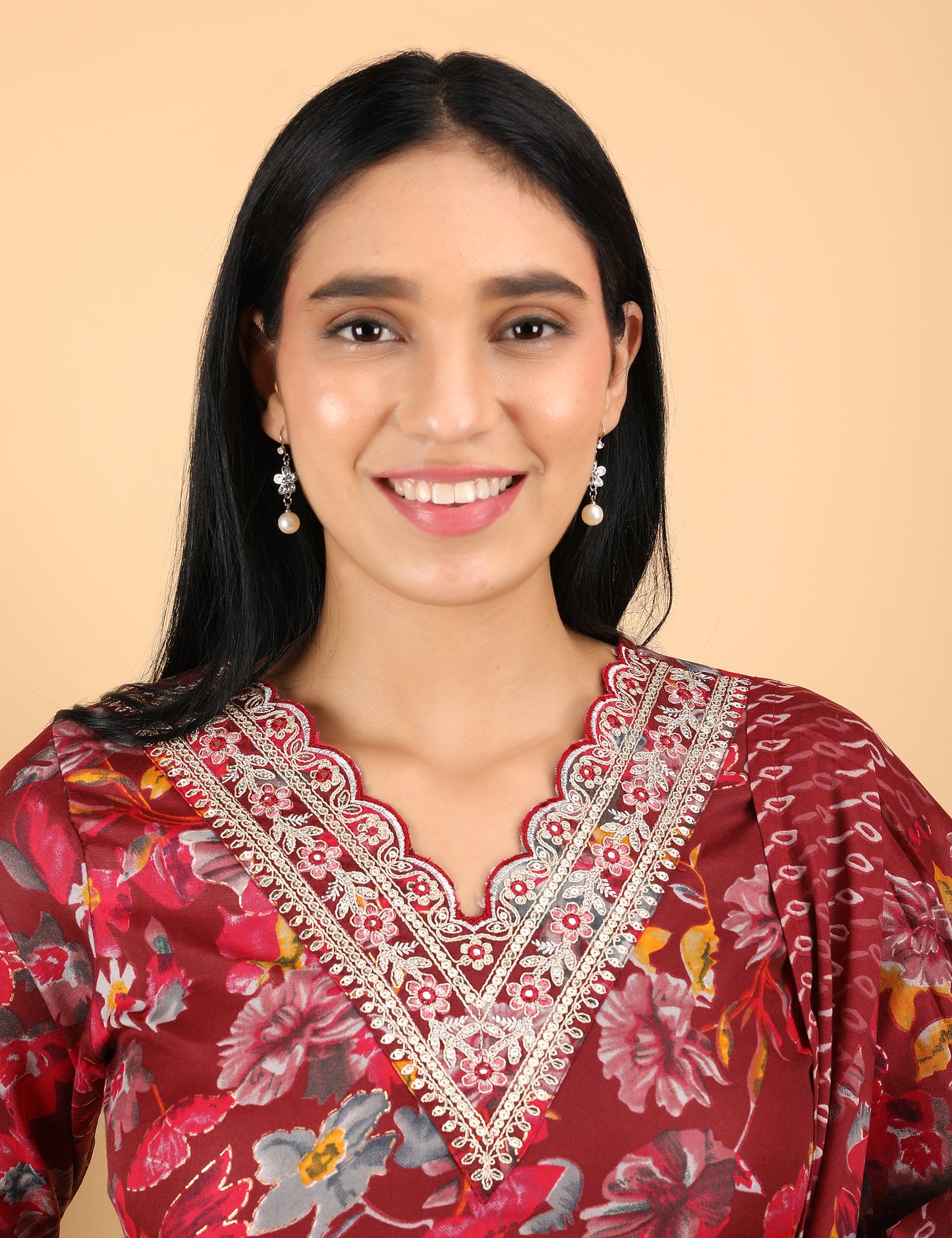 MARROON COTTON PRINT STRAIGHT SUIT WITH DUPATTA