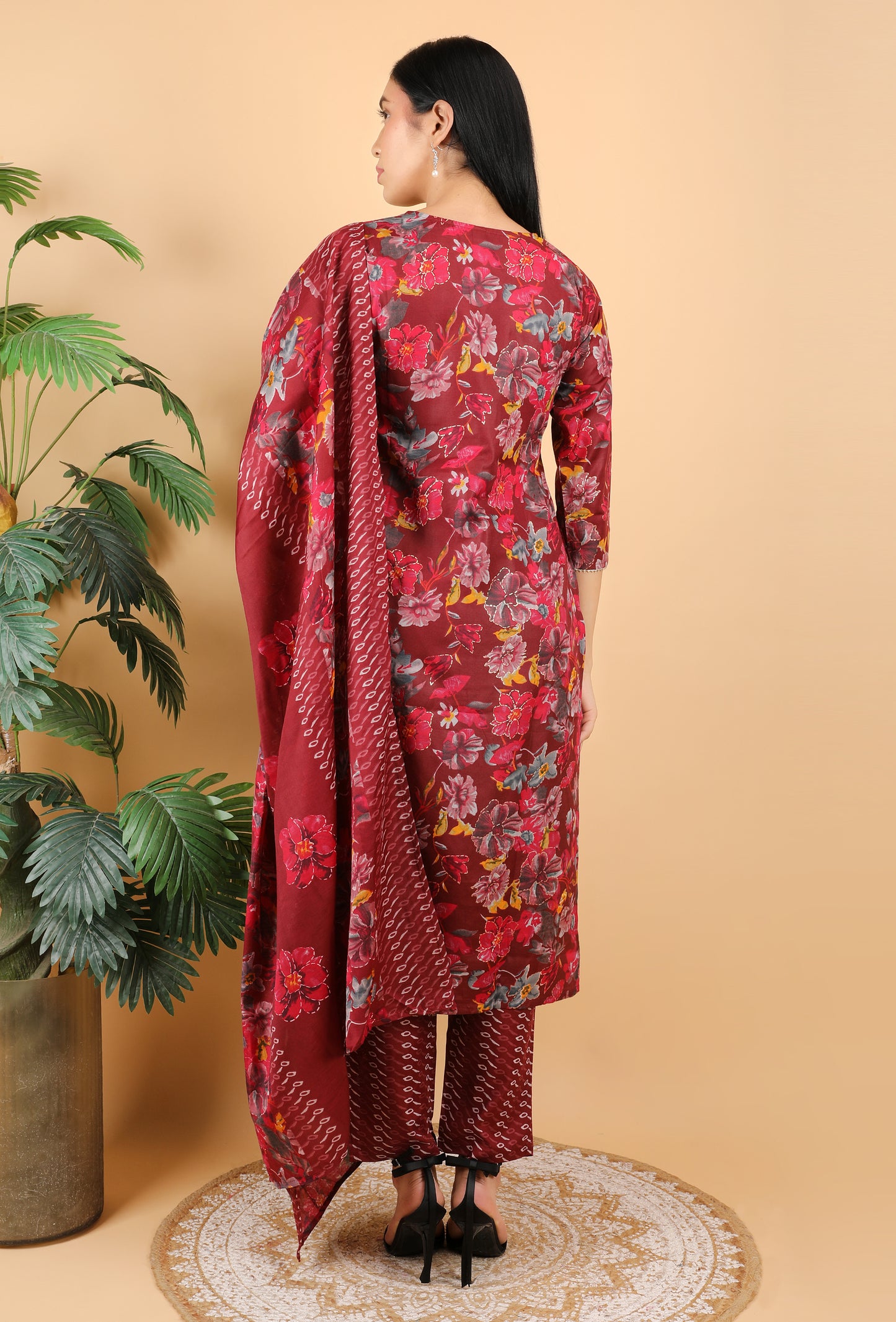 MARROON COTTON PRINT STRAIGHT SUIT WITH DUPATTA