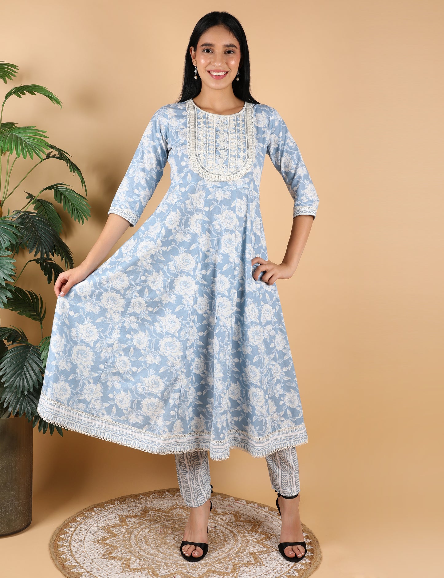 POWDER BLUE COTTON PRINT ANARKALI WITH DUPATTA