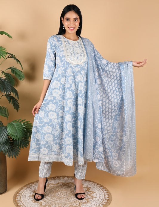 POWDER BLUE COTTON PRINT ANARKALI WITH DUPATTA