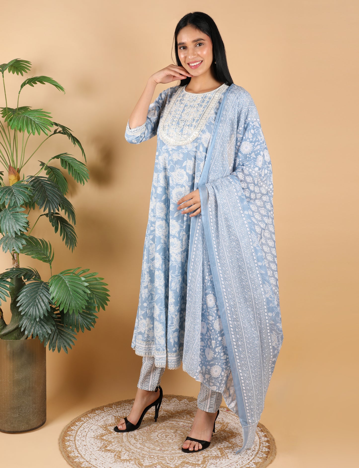 POWDER BLUE COTTON PRINT ANARKALI WITH DUPATTA