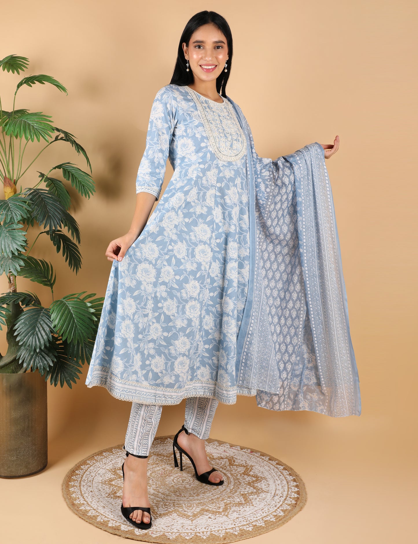 POWDER BLUE COTTON PRINT ANARKALI WITH DUPATTA