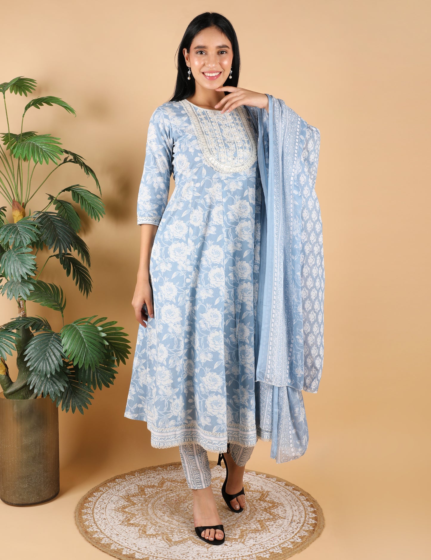 POWDER BLUE COTTON PRINT ANARKALI WITH DUPATTA