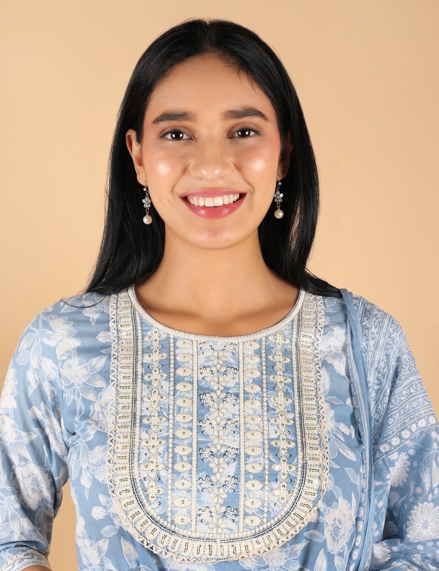 POWDER BLUE COTTON PRINT ANARKALI WITH DUPATTA