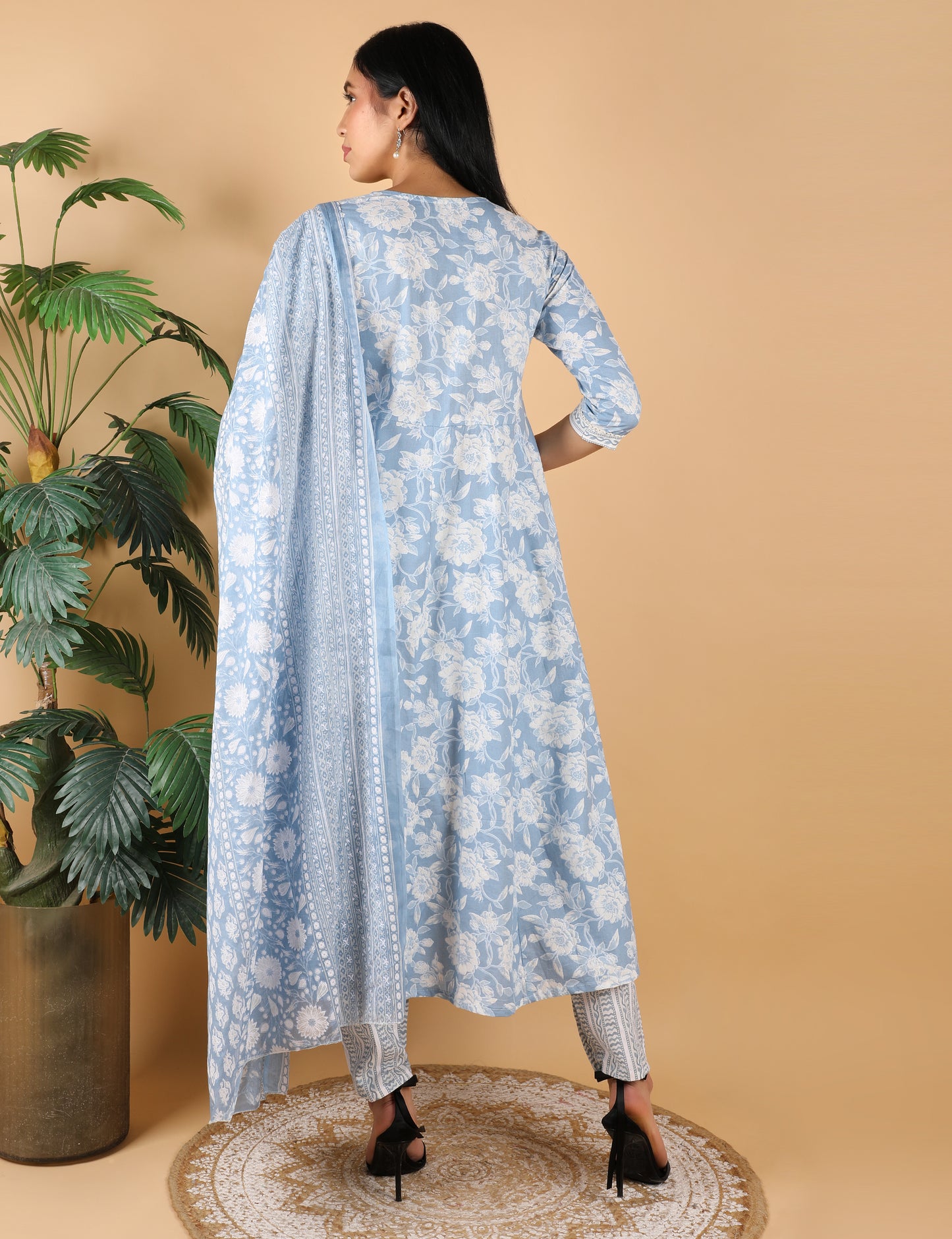 POWDER BLUE COTTON PRINT ANARKALI WITH DUPATTA
