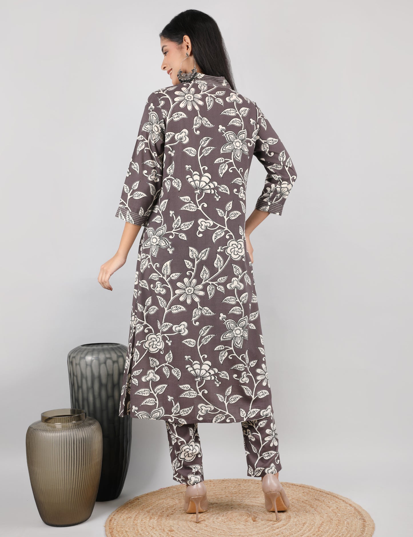 COTTON PRINT KURTA SET MUSHROOM BROWN