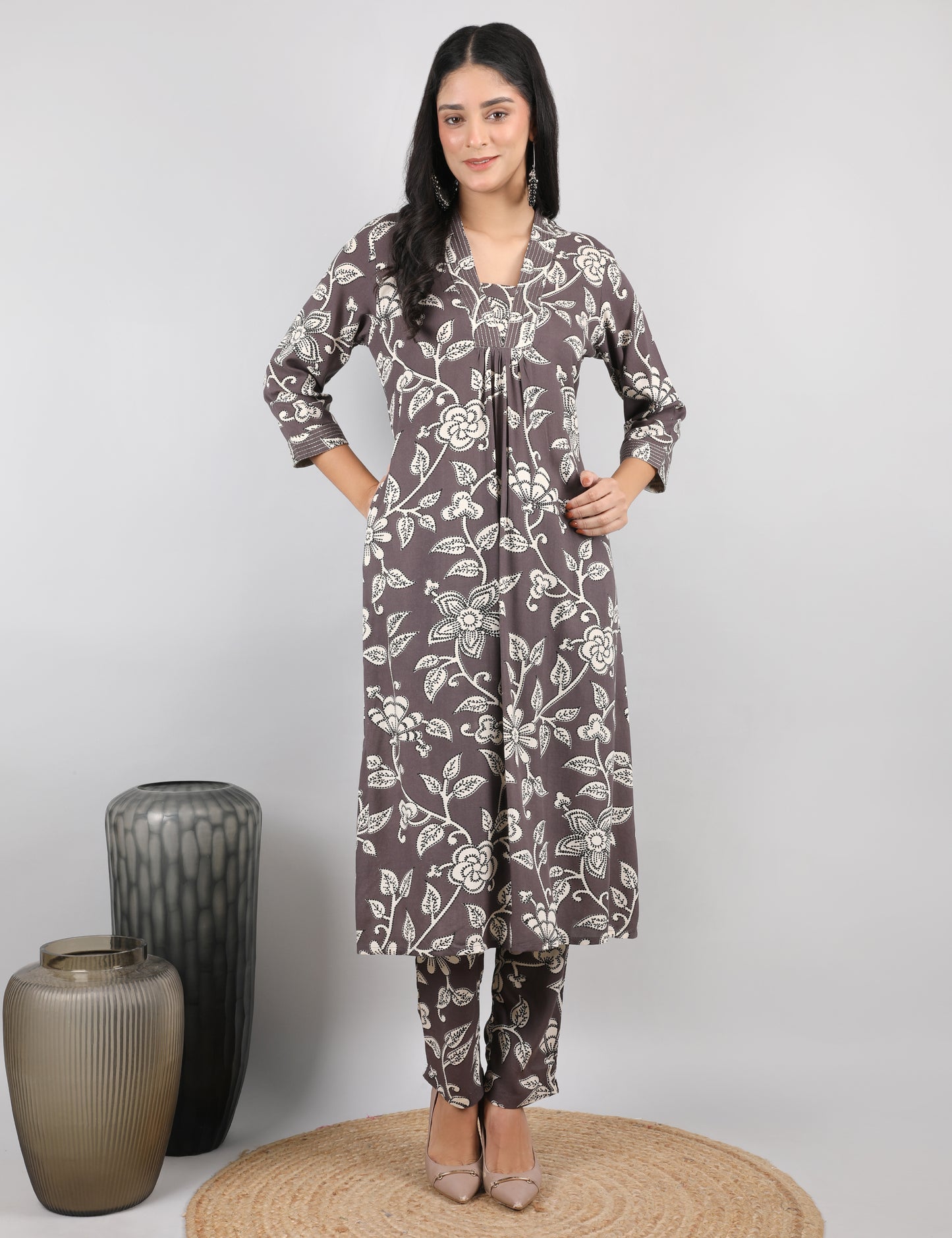 COTTON PRINT KURTA SET MUSHROOM BROWN